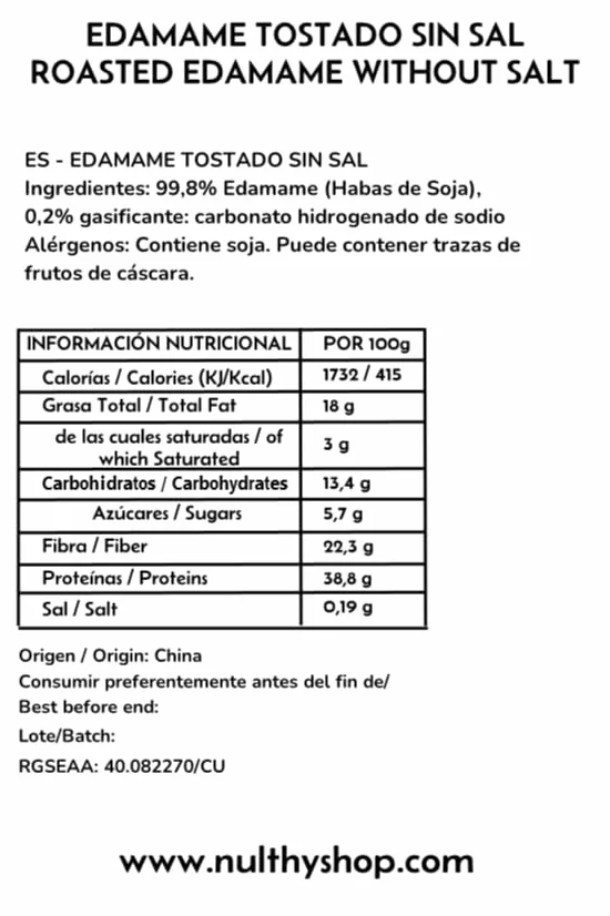 NULTHY Edamame Tostado Sin Sal 1kg, Snack de Soja Alto en Proteína Vegano
