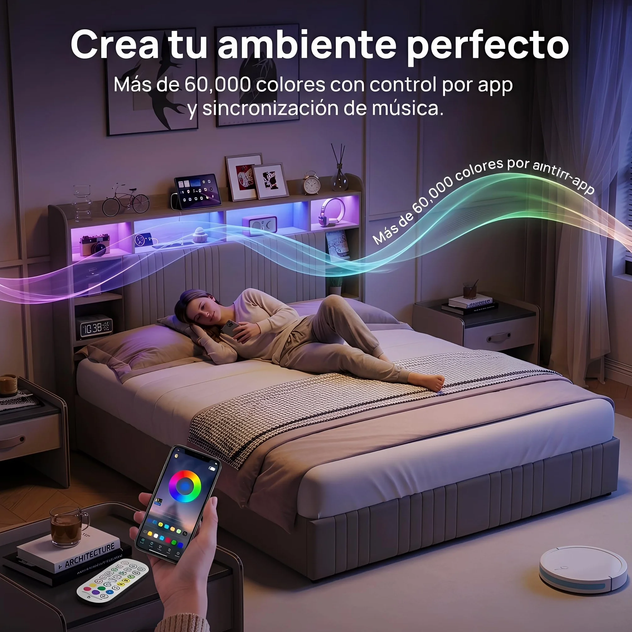 Cama Tapizada 140x200 cm con Luces LED y Estación de Carga USB/Tipo C, Estructura de Cama con Cajón y Cabecero con Almacenaje, Cama de Matrimonio de Lino con Somier de Láminas, Beige, Sin colchón