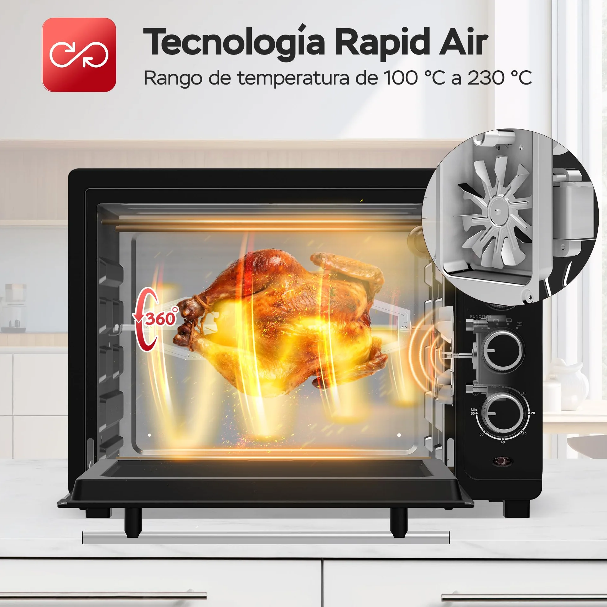 TurboTronic Horno de Convección 35L 1600W con Asador Giratorio, Sobremesa Compacto, 2 Bandejas