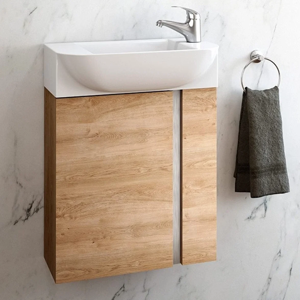 Mueble de baño Versa suspendido a Pared Fondo Reducido 1 Puerta y Lavabo Cerámico (Roble Natural, 45)