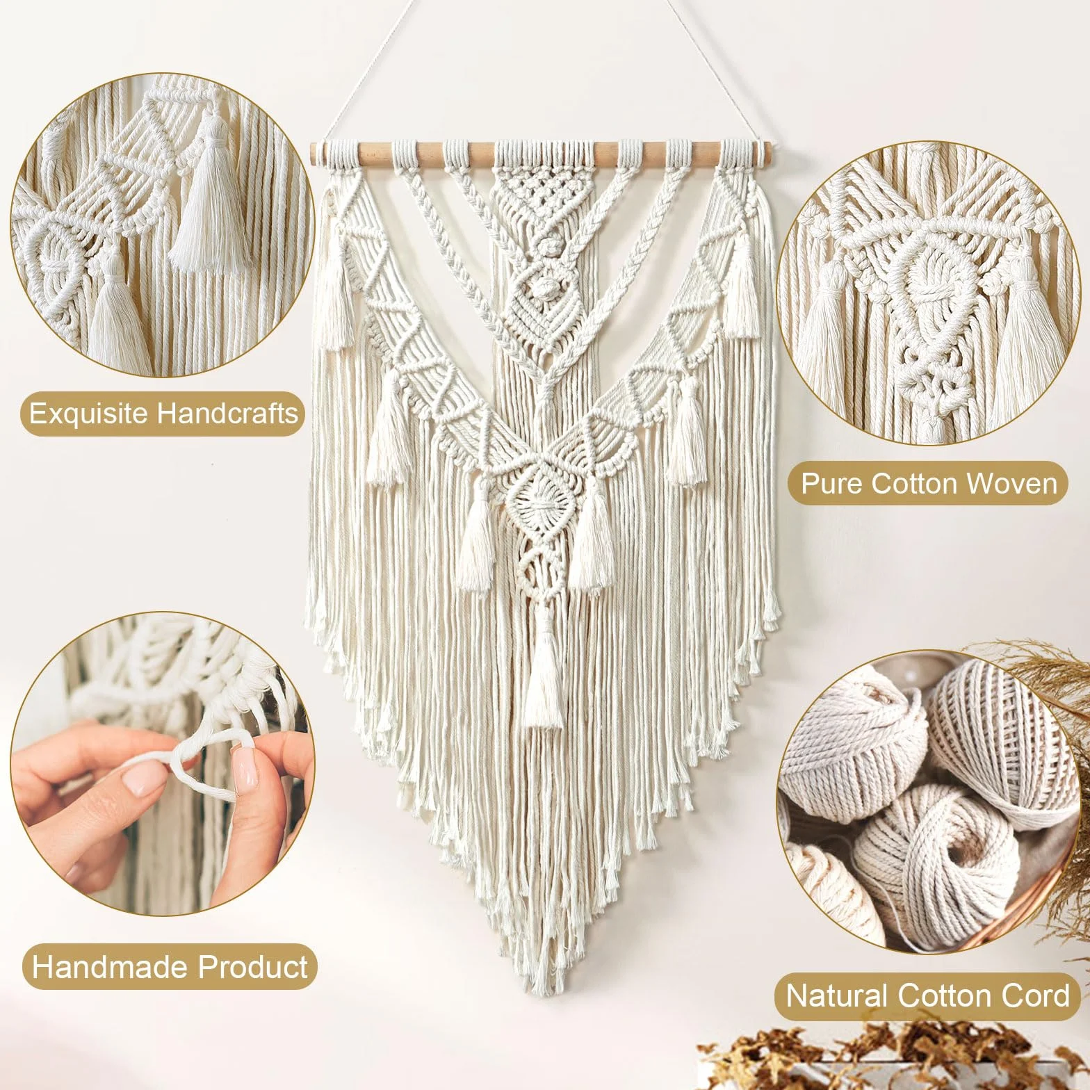 Betylifoy Tapiz de macramé de algodón hecho a mano, macramé, decoración bohemia, tapiz tejido con borlas, decoración de pared, apartamento, dormitorio, balcón, decoración, 70 cm (ancho) x 40 cm (largo