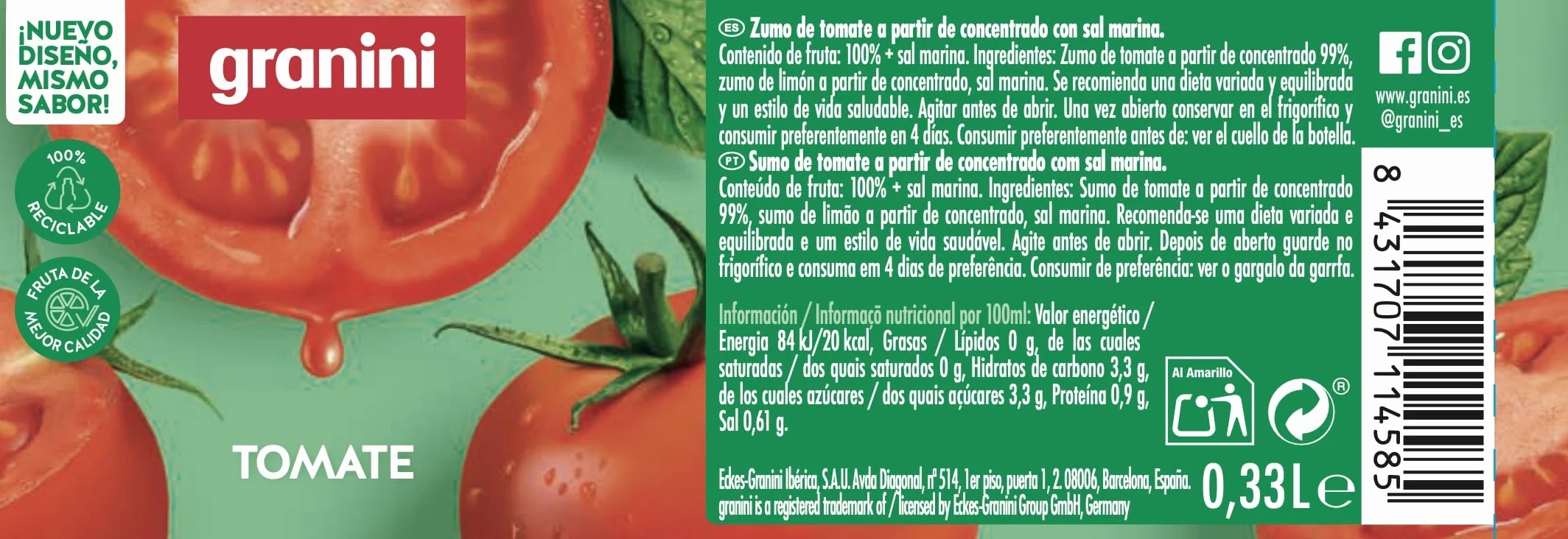 Granini Zumo de Tomate 100% Sin Azúcares Añadidos Pack 12 x 330 ml