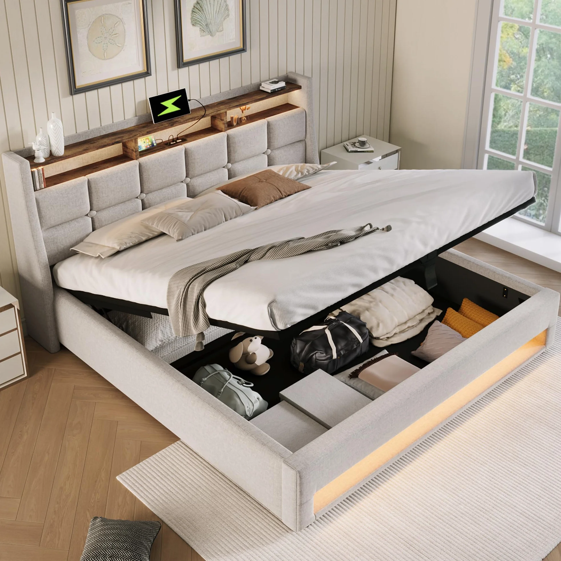 Cama 140x200 cm Cama Matrimonio, Cama Juvenil con Cabecero LED y Carga USB, Camas Matrimoniales con Almacenaje Hidráulico, Estructura Cama Doble con Lamas de Madera, Lino Beige, Sin Colchón