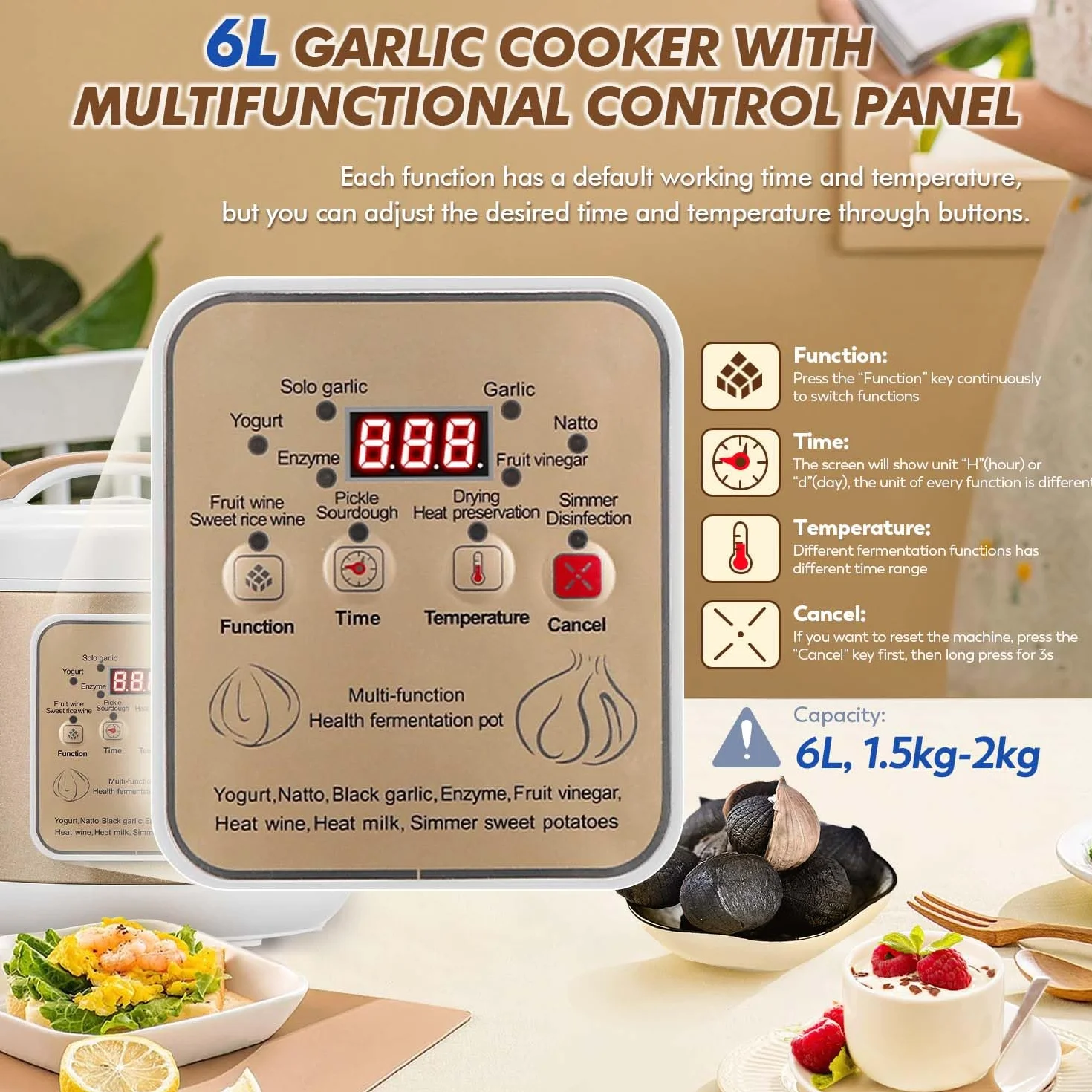 Moongiantgo 6L Fermentador de Ajo Negro, Olla Automática de Ajo, Natto, Yogur, Kimchi, Máquina Fermentadora de Vino, Cocedor de Ajo con Control Automático, Control de Tiempo y Temperatura, 220V