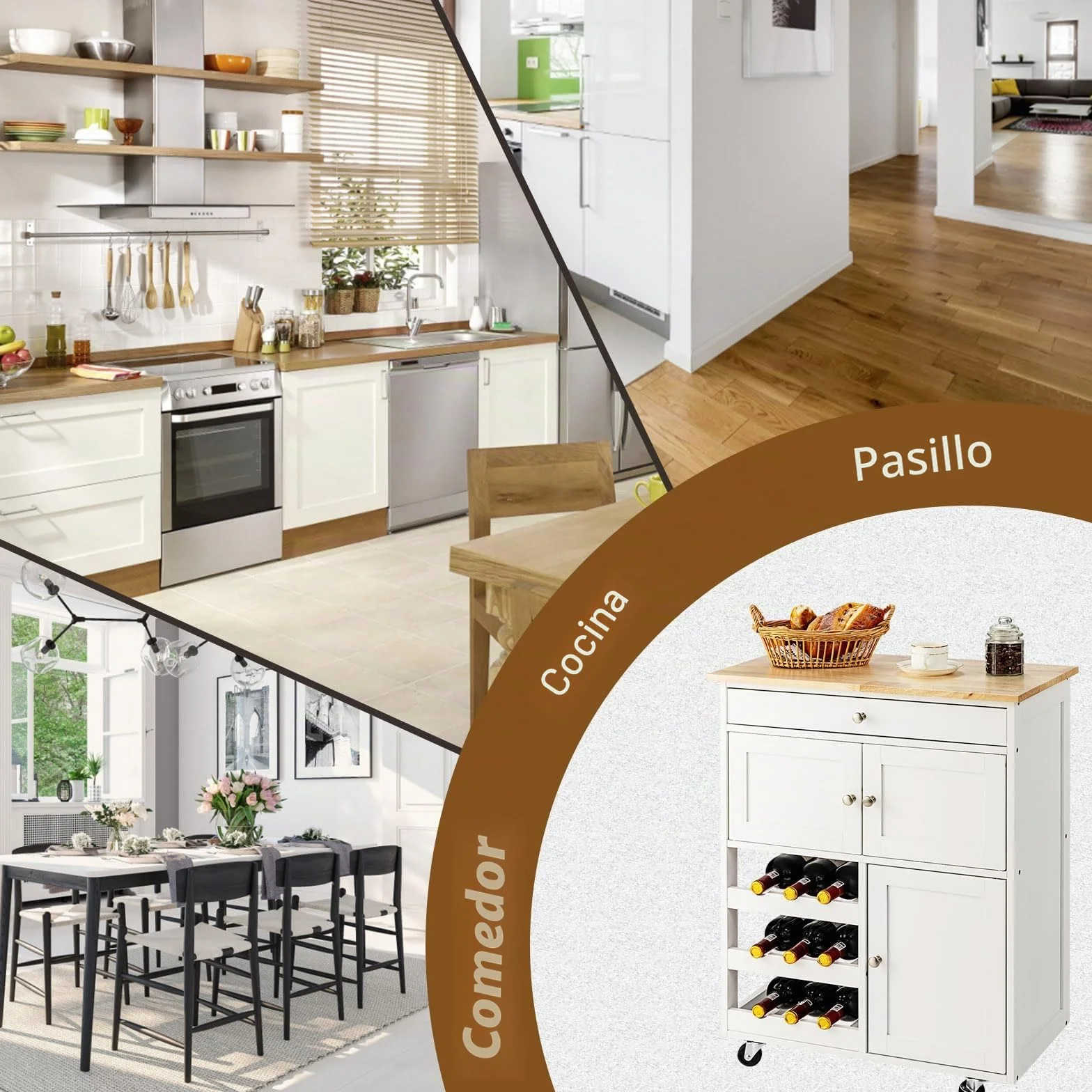 KOMFOTTEU Carro de Cocina de Madera, Carrito de Servicio con Ruedas, Mueble Isla Móvil con Cajón, Botellero de 3 Niveles y 2 Armarios, para Comedor, Bar, Restaurante, 67 x 37 x 86 cm (Blanco)
