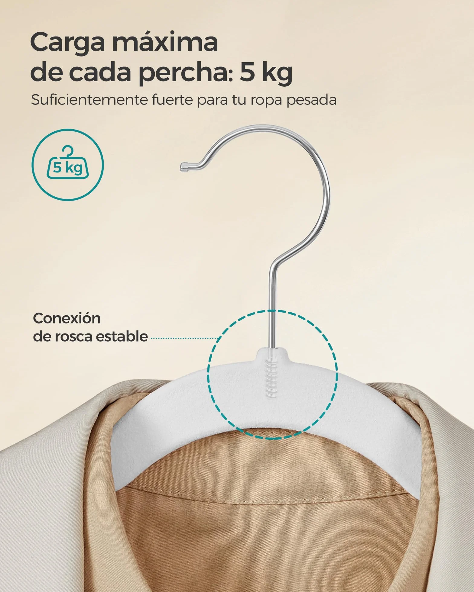 SONGMICS Perchas de Terciopelo Juego 30 Piezas Antideslizantes Ranuras Hombros Barra Pantalones Gancho Giratorio 360° 0,6 cm Grosor 43 cm Largo Blanco
