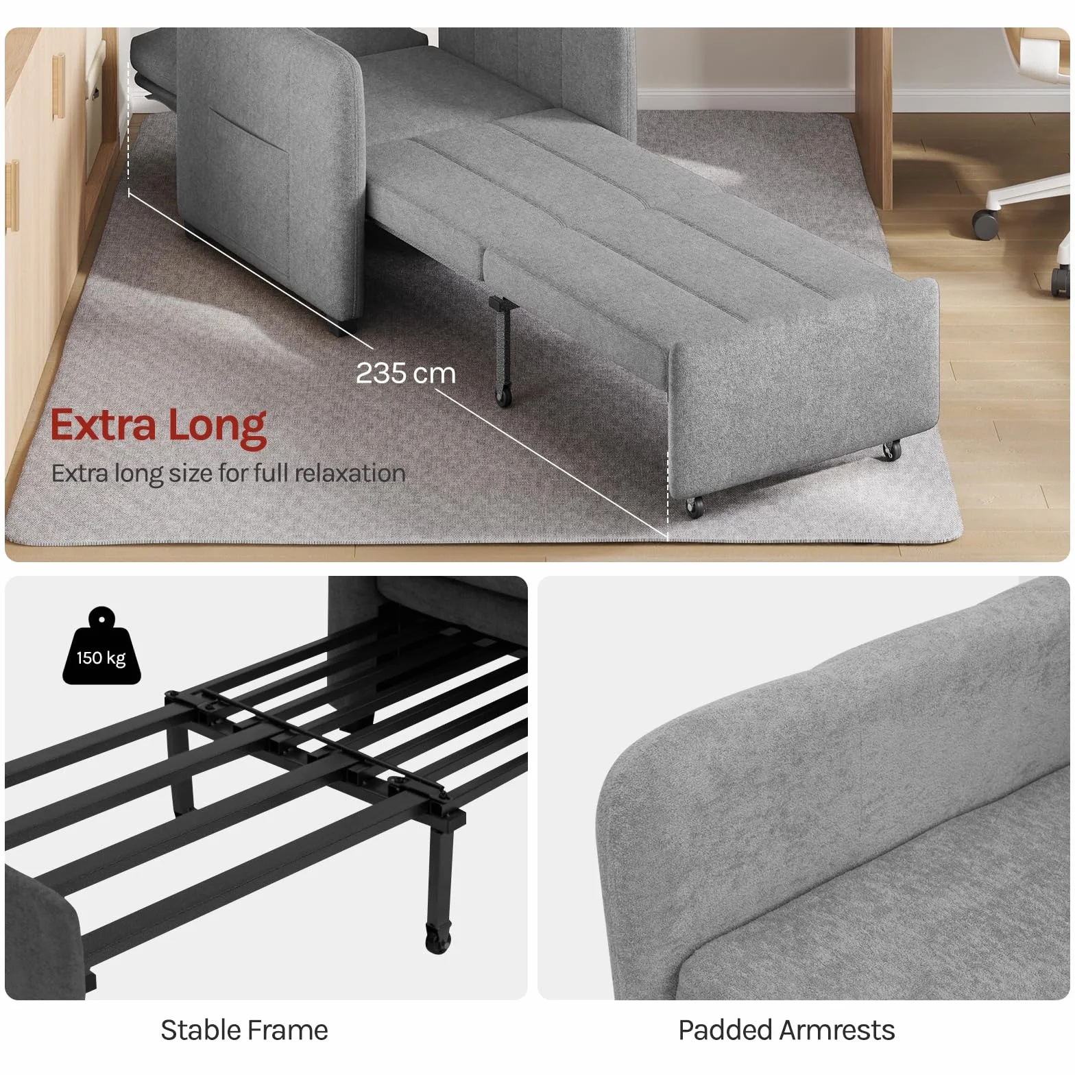WOLTU Sofá Cama 3 en 1 con Función Inclinable, Sofa Cama Individual de 1 Plaza, Sillón Plegable de Tejido de Rizo y Acolchado de Esponja, Gris Claro