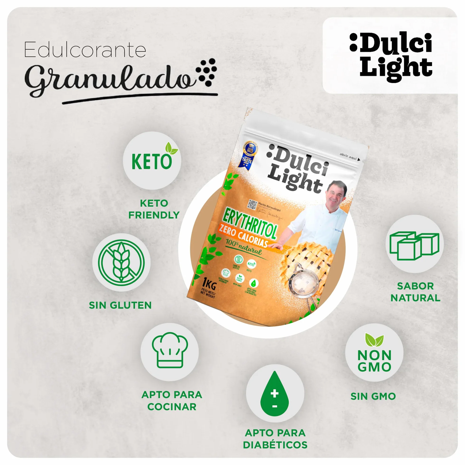 Dulcilight Edulcorante Eritritol 2Kg Zero Calorías Sustituto del Azúcar Sabor Natural No GMO Keto Vegano Libre de Gluten