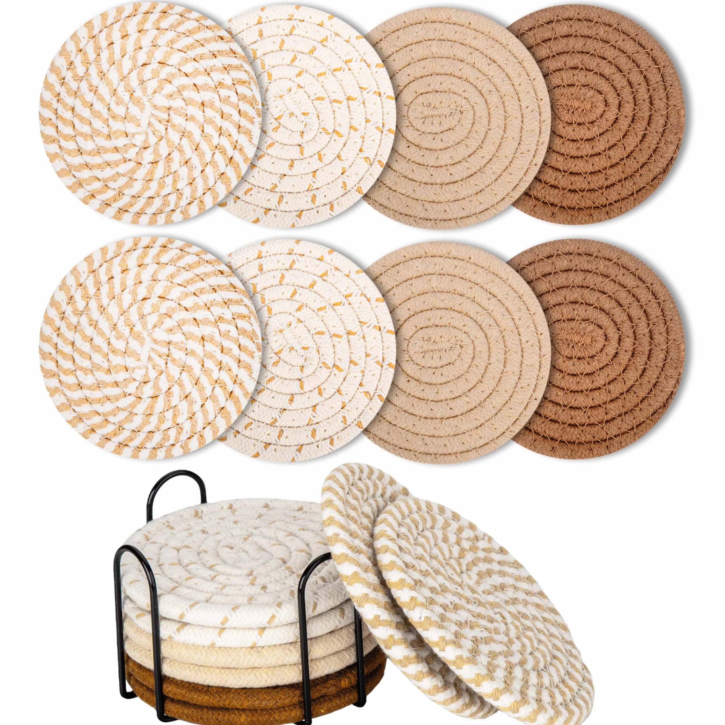 8 Posavasos Redondos para Vasos y Bebidas - Con Soporte, Antideslizantes, de Algodón Trenzado para Tazas de Cristal (Amarillo)
