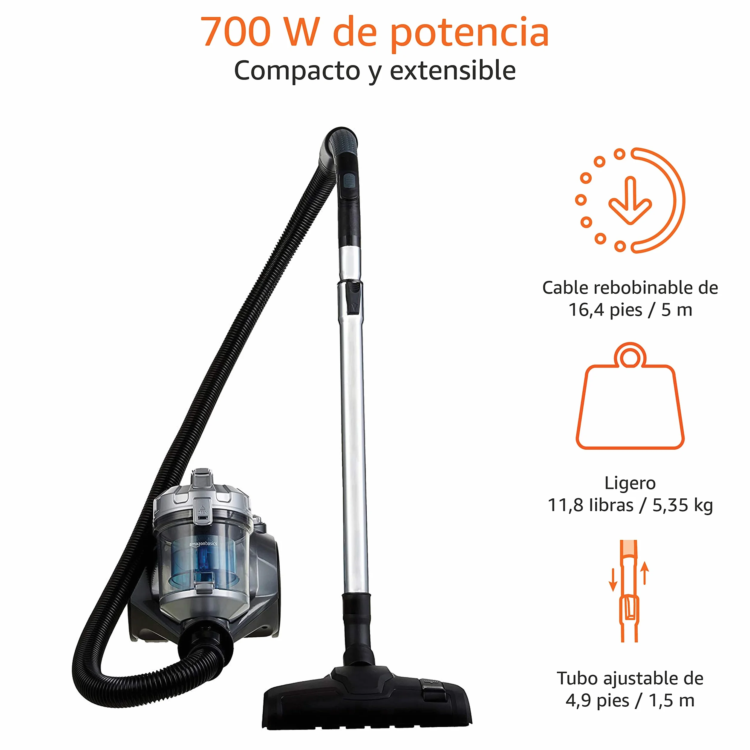 Amazon Basics Potente aspirador de cilindro sin bolsa, para suelos duros y alfombras, filtro HEPA, compacto y ligero, 700 W, 1,5 l (UE), Negro