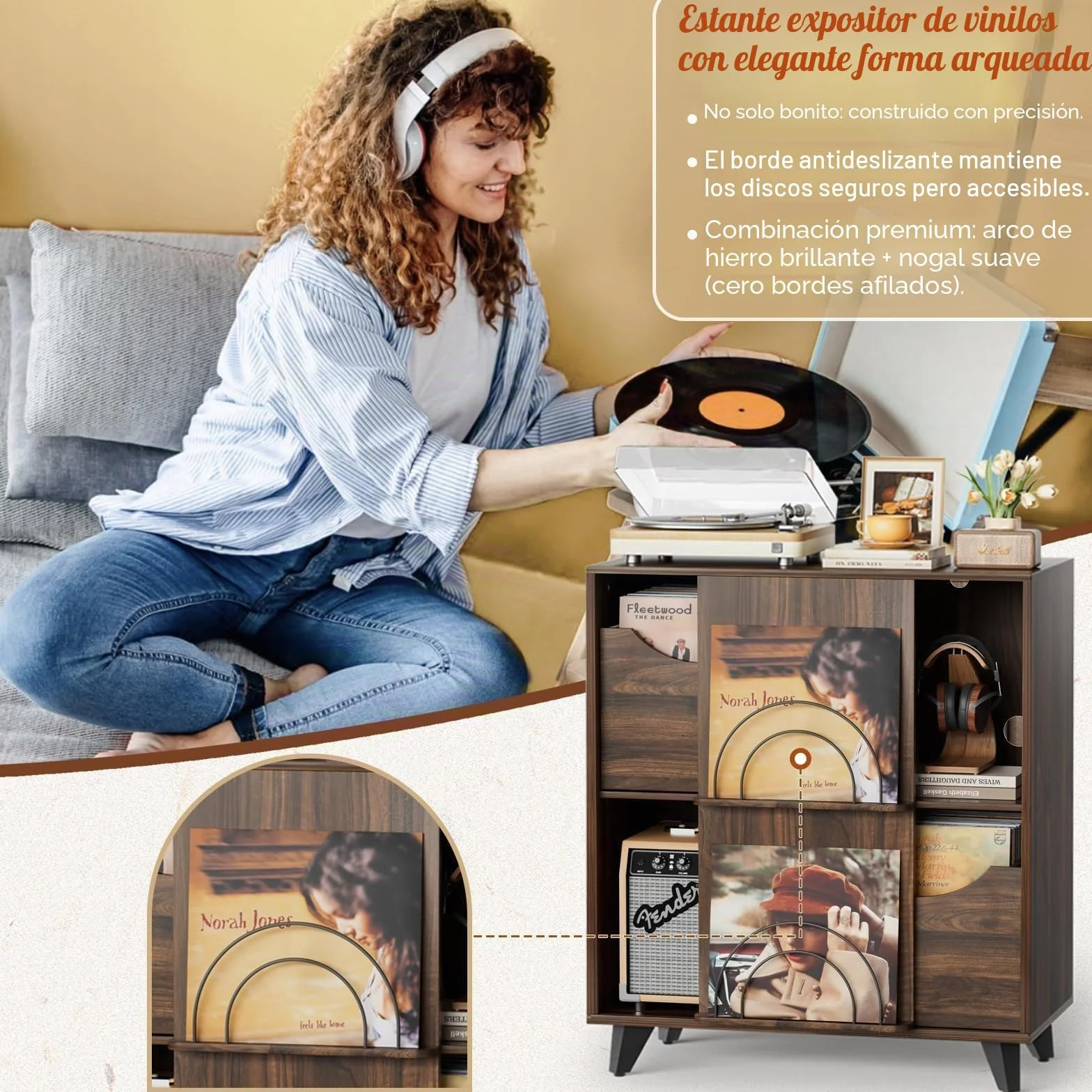 Mueble Tocadiscos con Estante para Vinilos y 2 Cajones – Mesa Auxiliar de Madera, Compatible con Todos los Tocadiscos y Altavoces