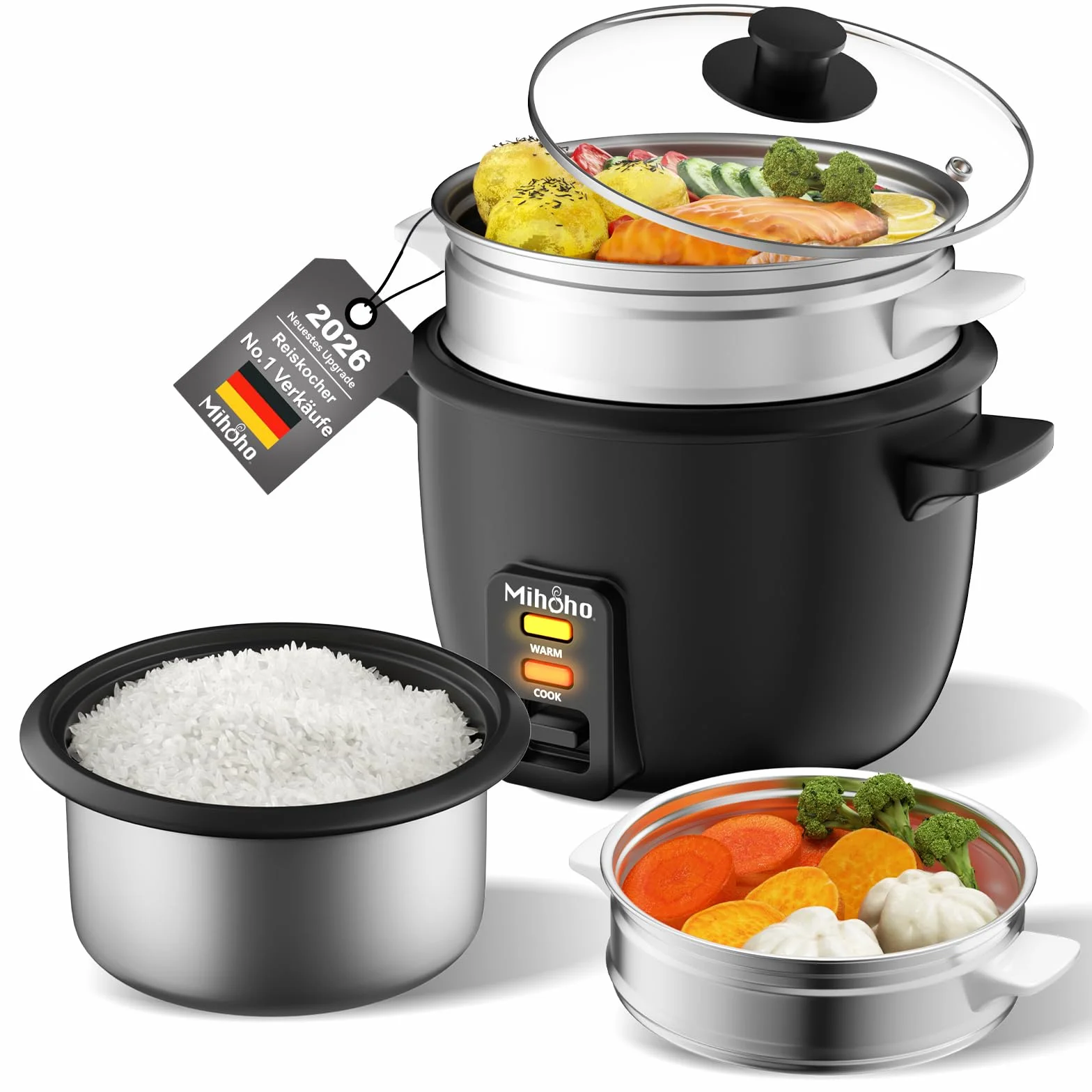 Arrocera eléctrica de 1 L, cuenco de acero inoxidable con tapa de cristal, función de mantenimiento del calor, función de cocción al vapor, incluye inserto al vapor, cuchara, vaso medidor (negro F)