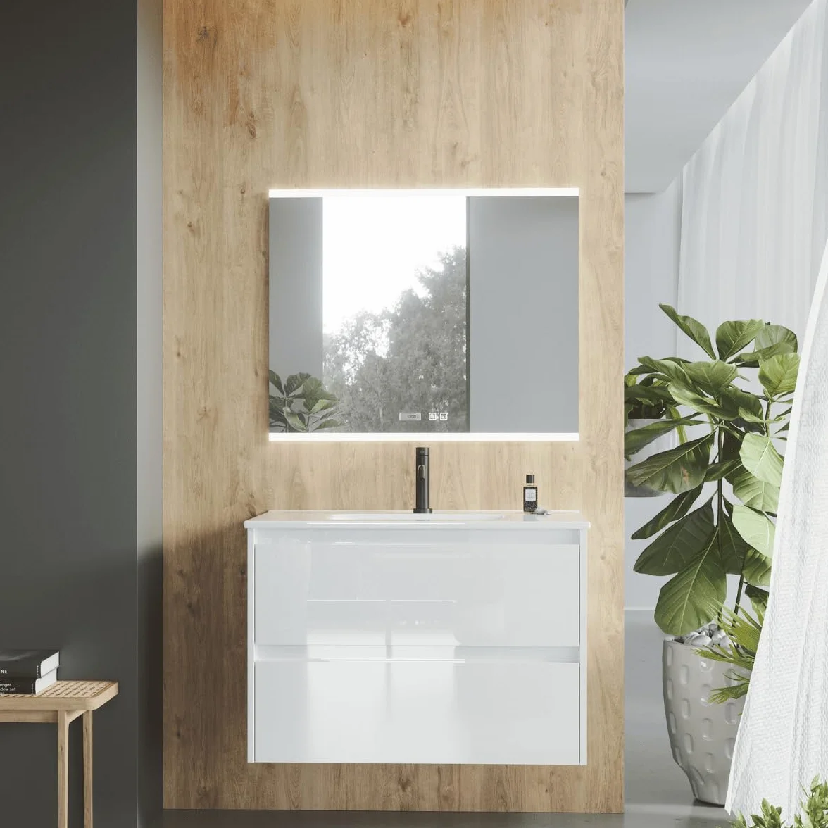 Mueble de Baño Suspendido Fondo Reducido con Lavabo Cerámico| Mueble Volado 2 Cajones | 50 cm Blanco Brillo