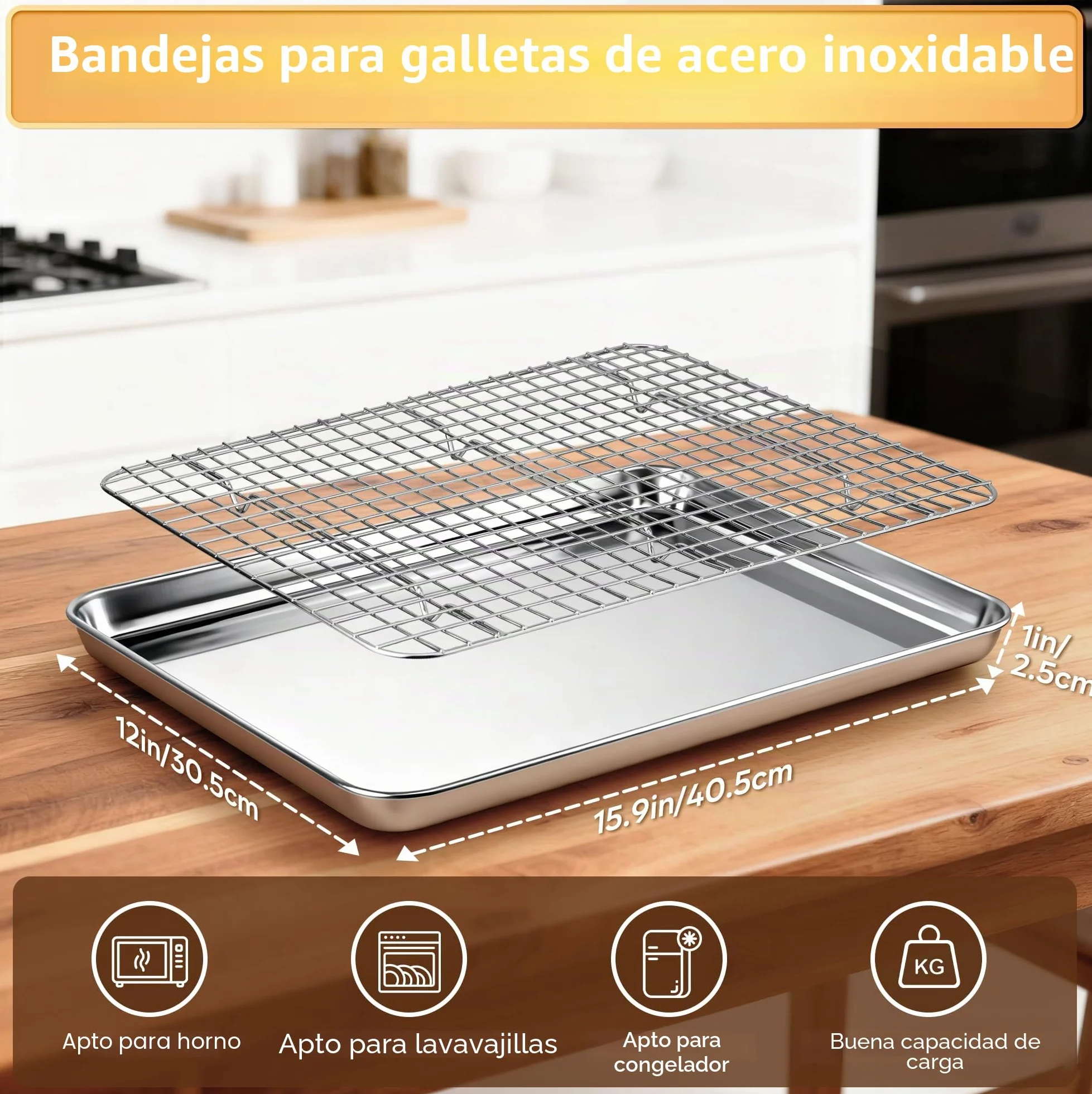 Bandeja para hornear de acero inoxidable con rejilla, 16 x 12 x 1 pulgada
