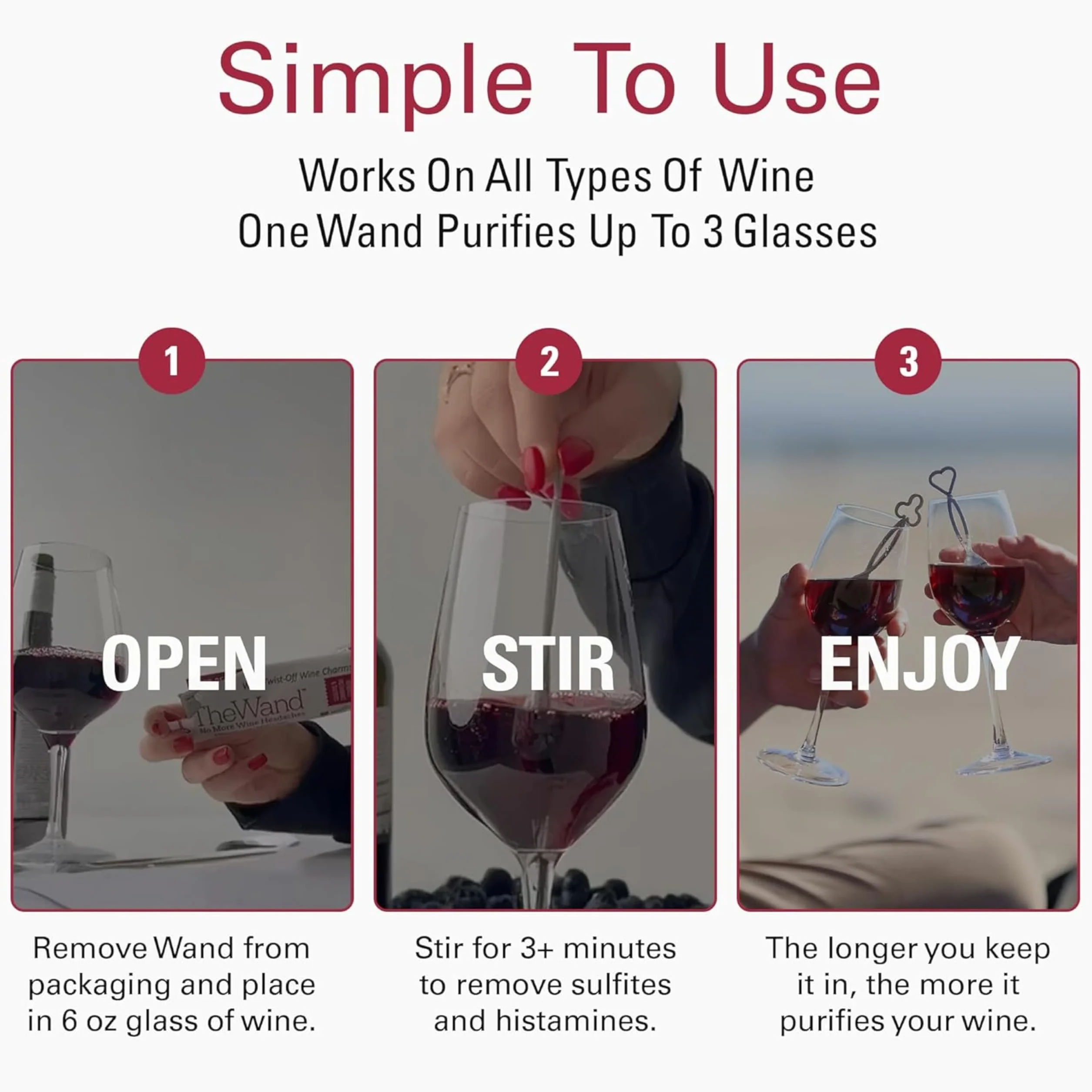 PureWine Red Wand - Filtro de histamina y sulfito, purificador, reduce las alergias al vino, varilla agitadora airea el vino, paquete de 8