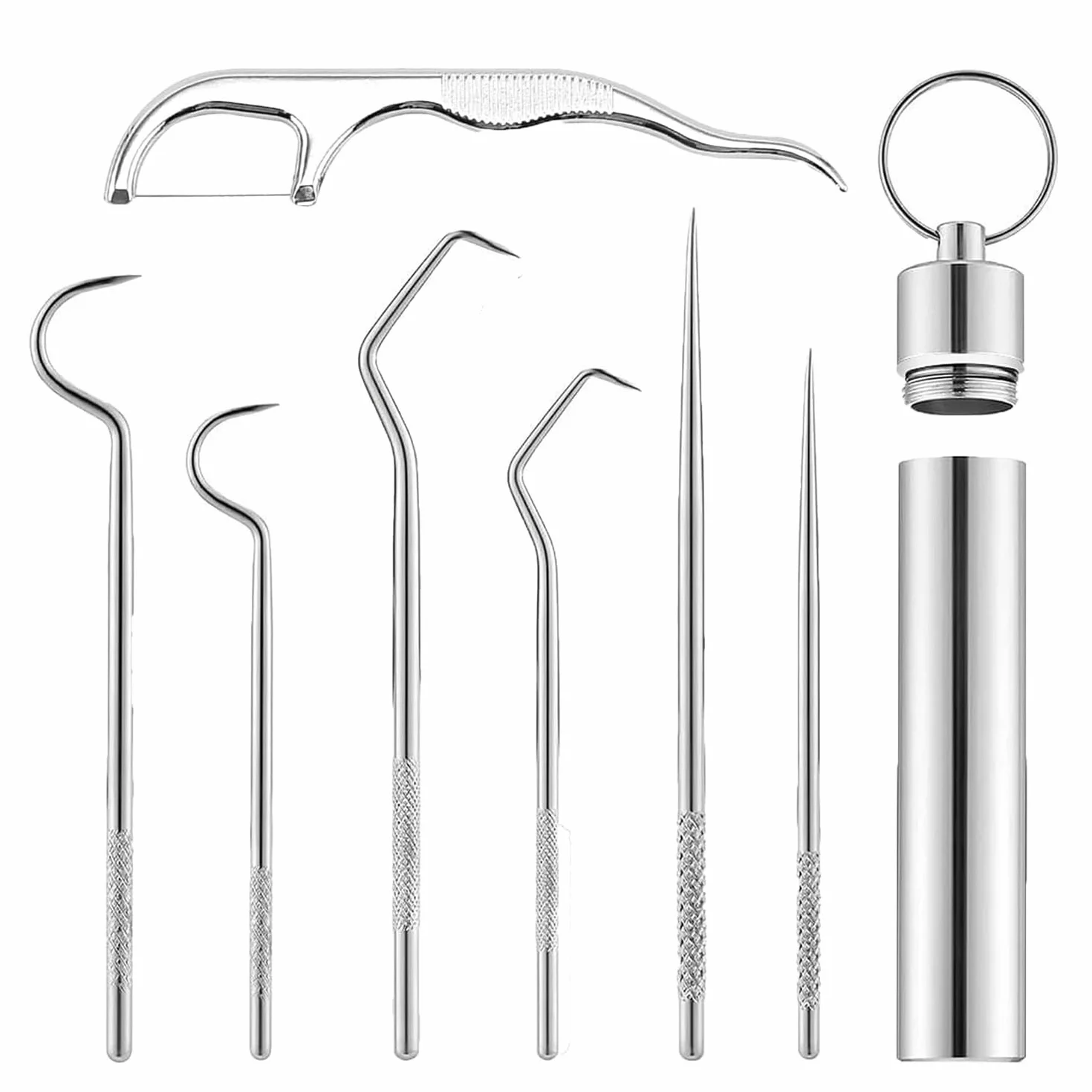 7 Piezas palillos de dientes de acero inoxidable 304, palillos de dientes portátiles de metal y titanio, Con Soporte y llavero, reutilizables para acampar al aire libre, picnic, viajes