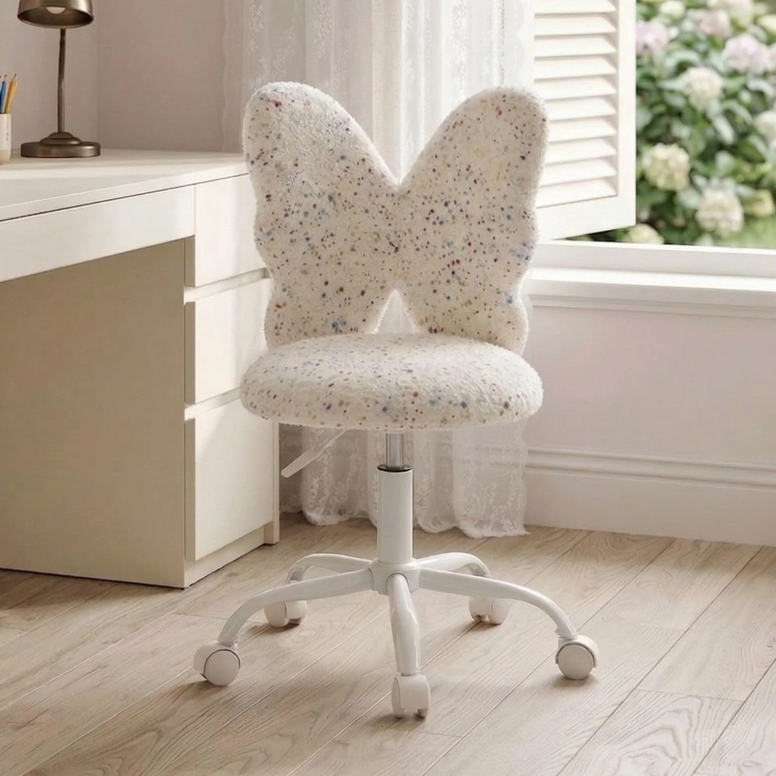 chairus Silla de Escritorio Infantil de Lana Sintética Silla Giratorio de Estudio con Forma de Mariposa, Silla Estudiante Habitación con Ruedas Silenciosas para Niños/Juvenil, Blanco