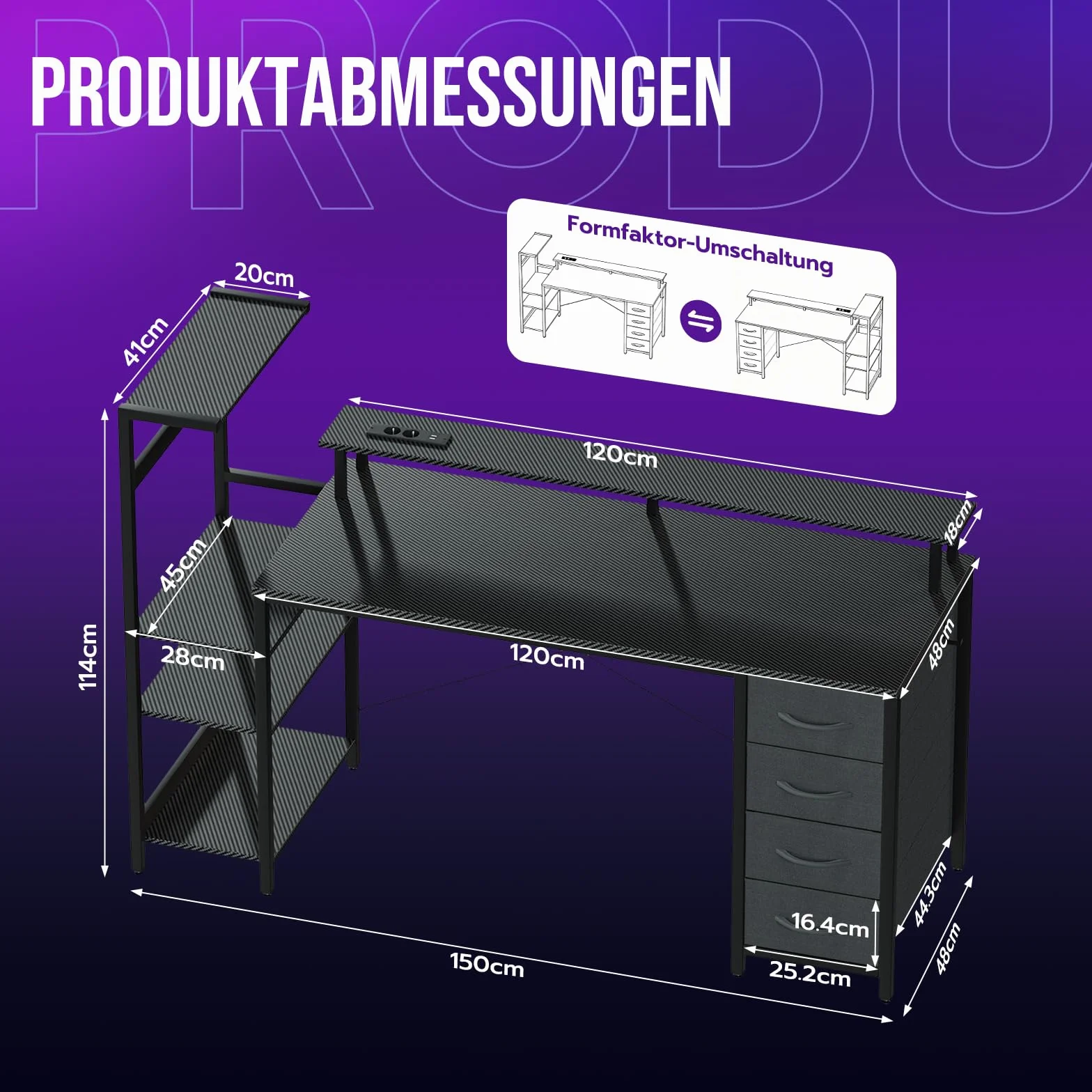 YOUDENOVA Escritorio para juegos con 4 cajones de tela, 150 x 48 cm, doble cara, con LED y enchufe, escritorio de oficina con soporte de monitor, conexión USB, mesa para oficina en casa y jugadores