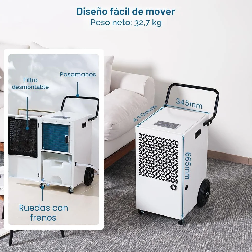 Deshumidificador Industrial Grandes Superficies 120L/Día: Área 300m²/600m3 Deshumidificadores con Sensor de Humedad Eléctrico Temporizador 24H Depósito de 7L para Trastero Baño y Garaje