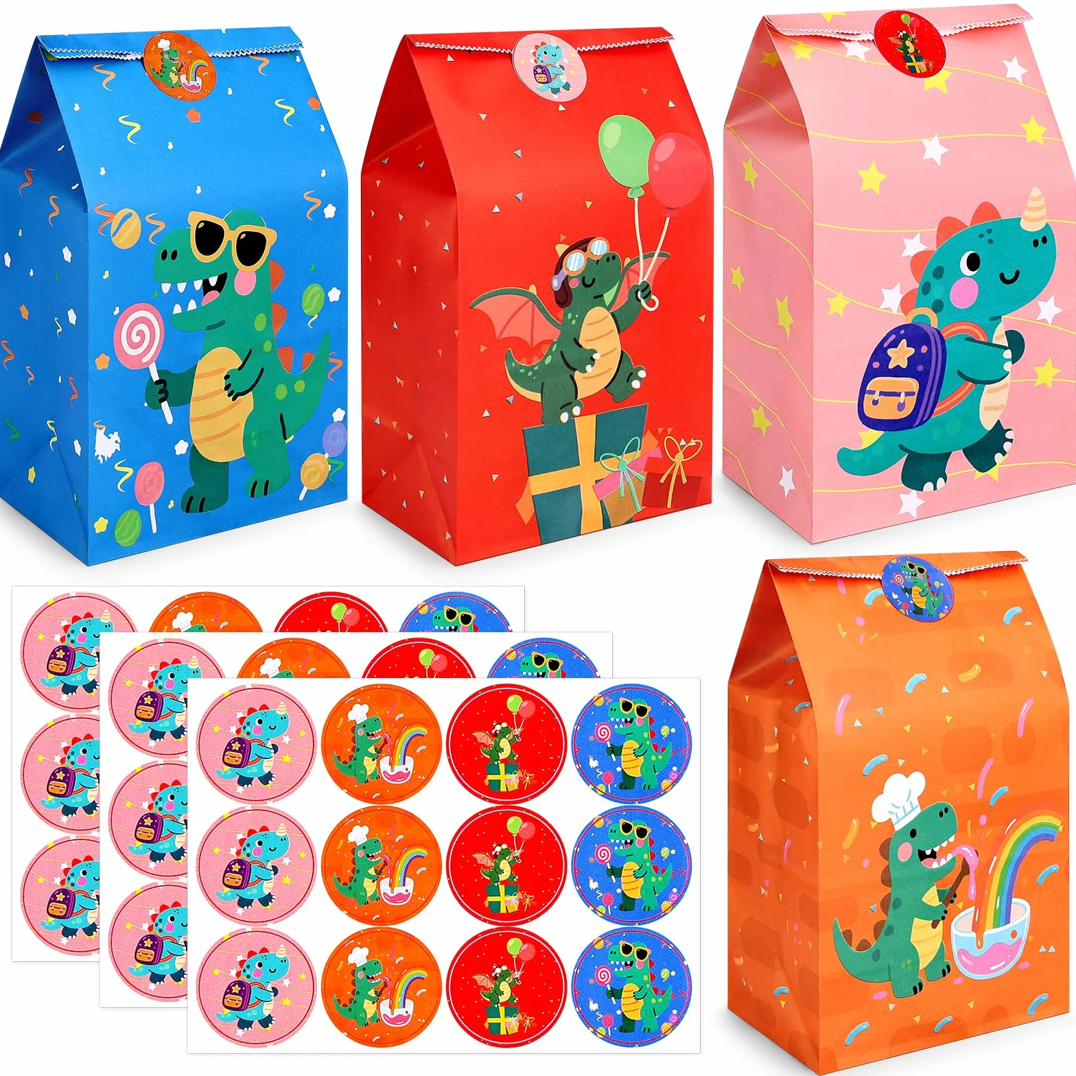 DESPOINA 24 Bolsas de Papel con Diseño Dinosaurios y 36 Pegatinas, Bolsas Cumpleaños Infantil, Bolsitas Cumpleaños Infantiles, Bolsas Regalo Cumpleaños Infantil, Embalaje de Regalos, 24x13x8 cm (B)