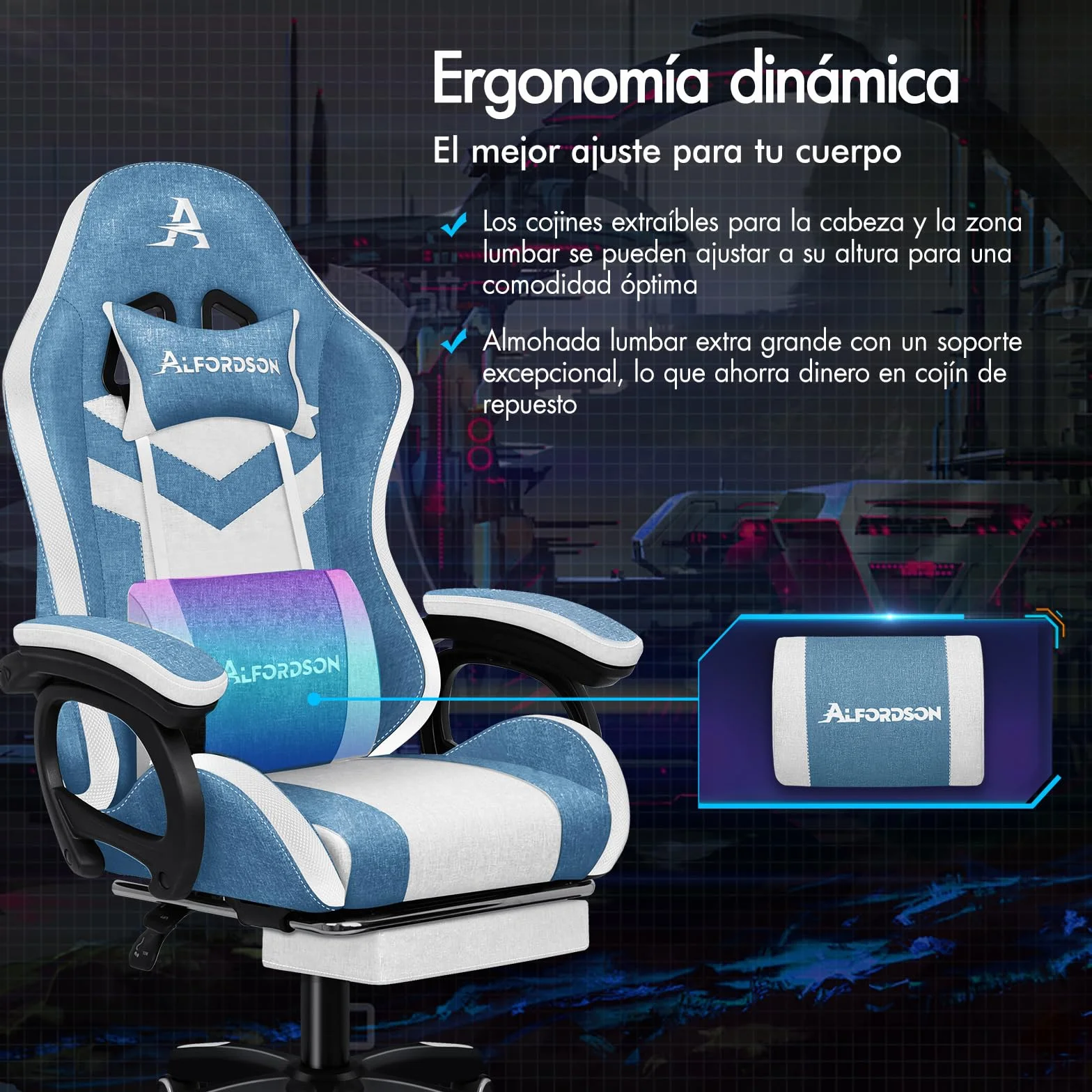 ALFORDSON Silla Gaming Ergonómica con Masaje y LED, Reposapiés Telescópico, Cojín Lumbar y Cervical, Azul y Blanca