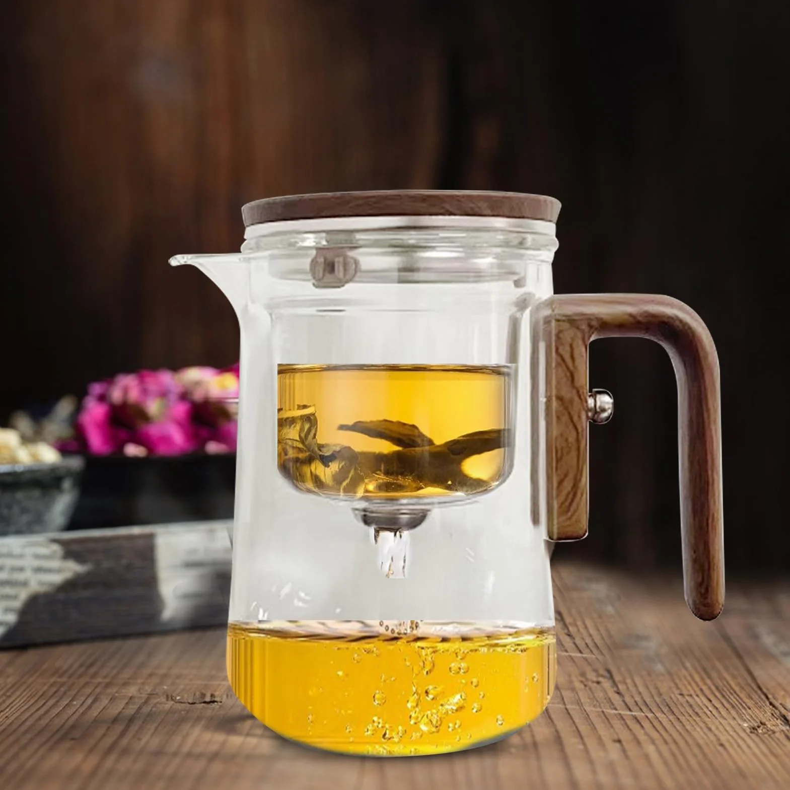 Mágica Transparente Antiderrames Con Infusor De Vidrio Con Separación De Agua Y Mango De Madera