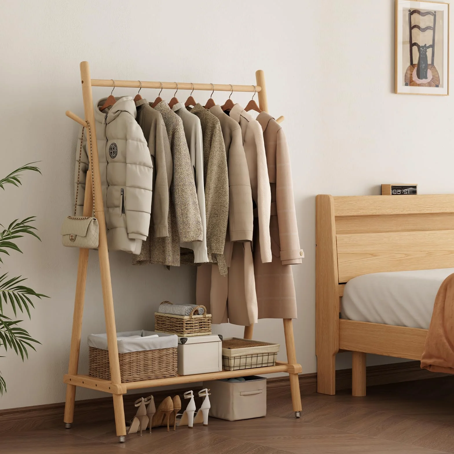 AQIMUELE - Perchero con ruedas, barra para carga pesada, perchero de madera, 43 x 100 x 157 cm, con soporte para zapatos, para dormitorio, salón (natural)