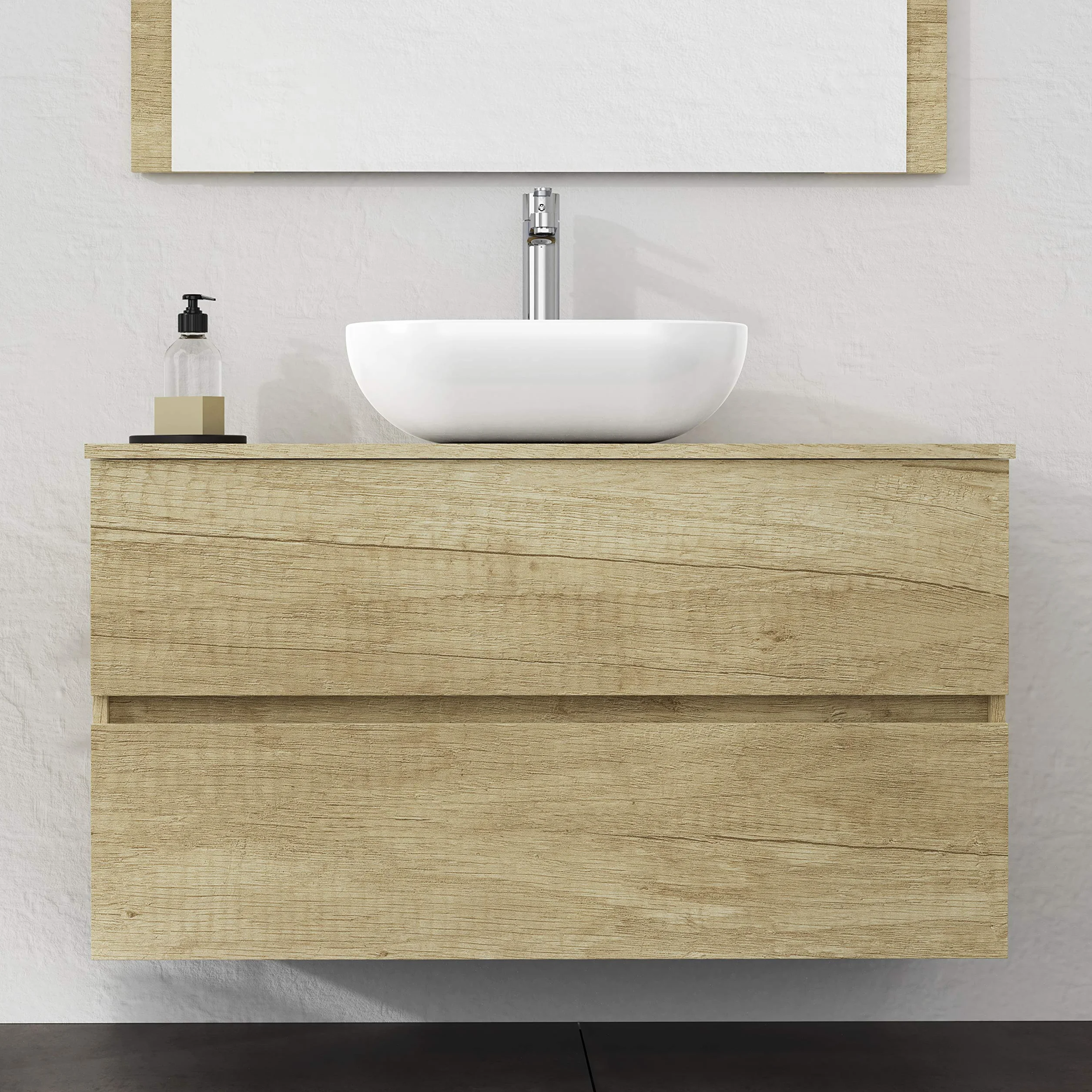 Baikal Baño Onyx, 2 cajones, suspendido en Pared, con Lavabo cerámico. Mueble Montado, Melamina 16,Mueble F46 + Top + Lavabo 100 cm Nature