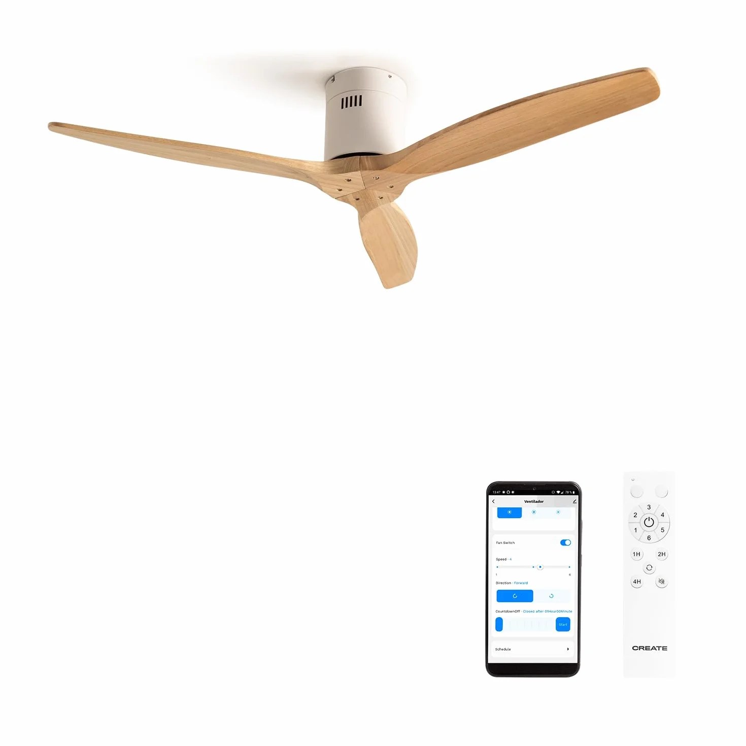 CREATE/WINDCALM/Ventilador de techo ABS blanco aspas efecto madera clara con Wifi y mando / 40W, Silencioso, Ø132 cm, 6 velocidades, temporizador, función verano-invierno