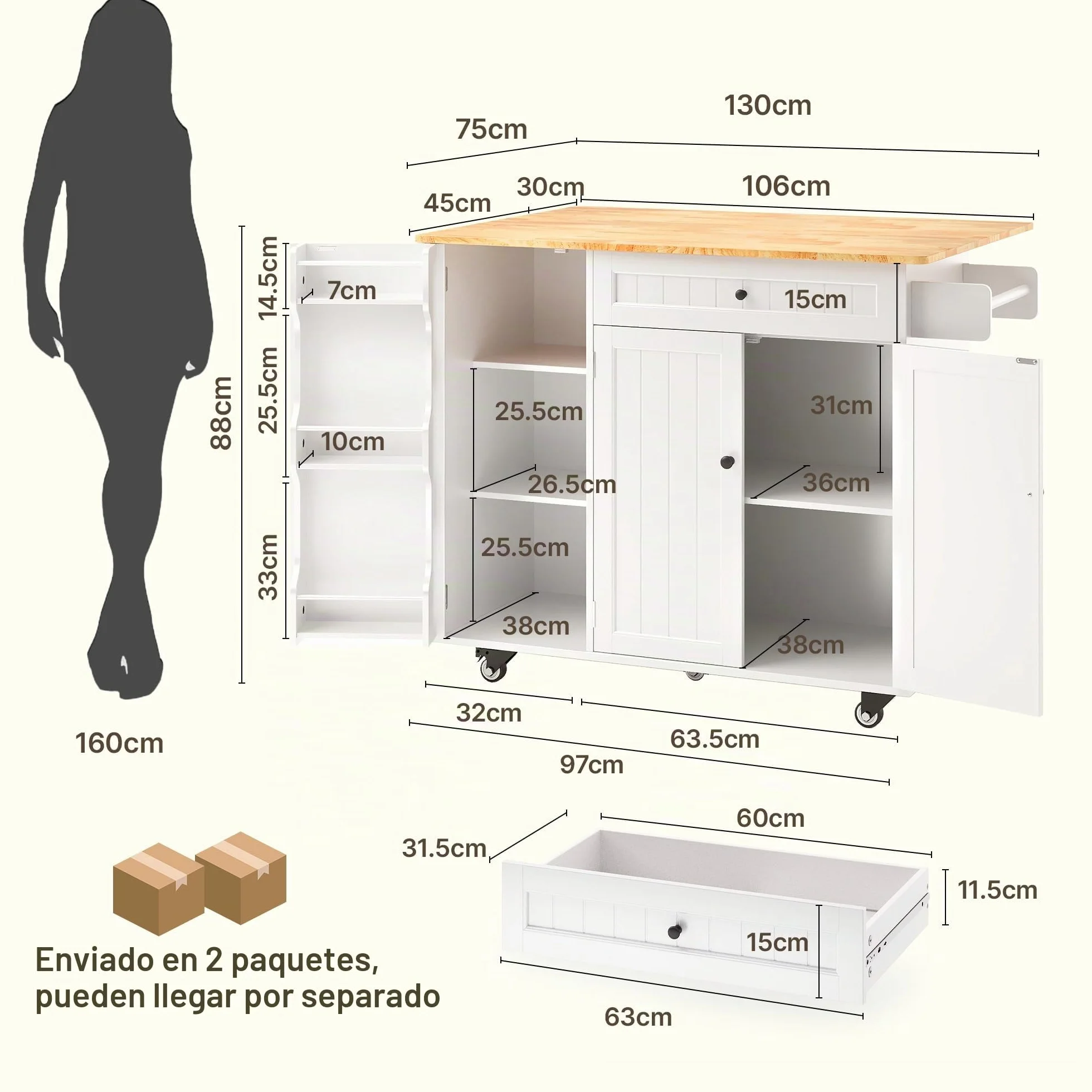 Xbro Isla Cocina con Ruedas, Mueble Auxiliar Cocina con Tablero Abatible, 1 Cajón y Estante, Isla de Cocina Compacta y Versátil, 130 x 75 x 88 cm, Blance