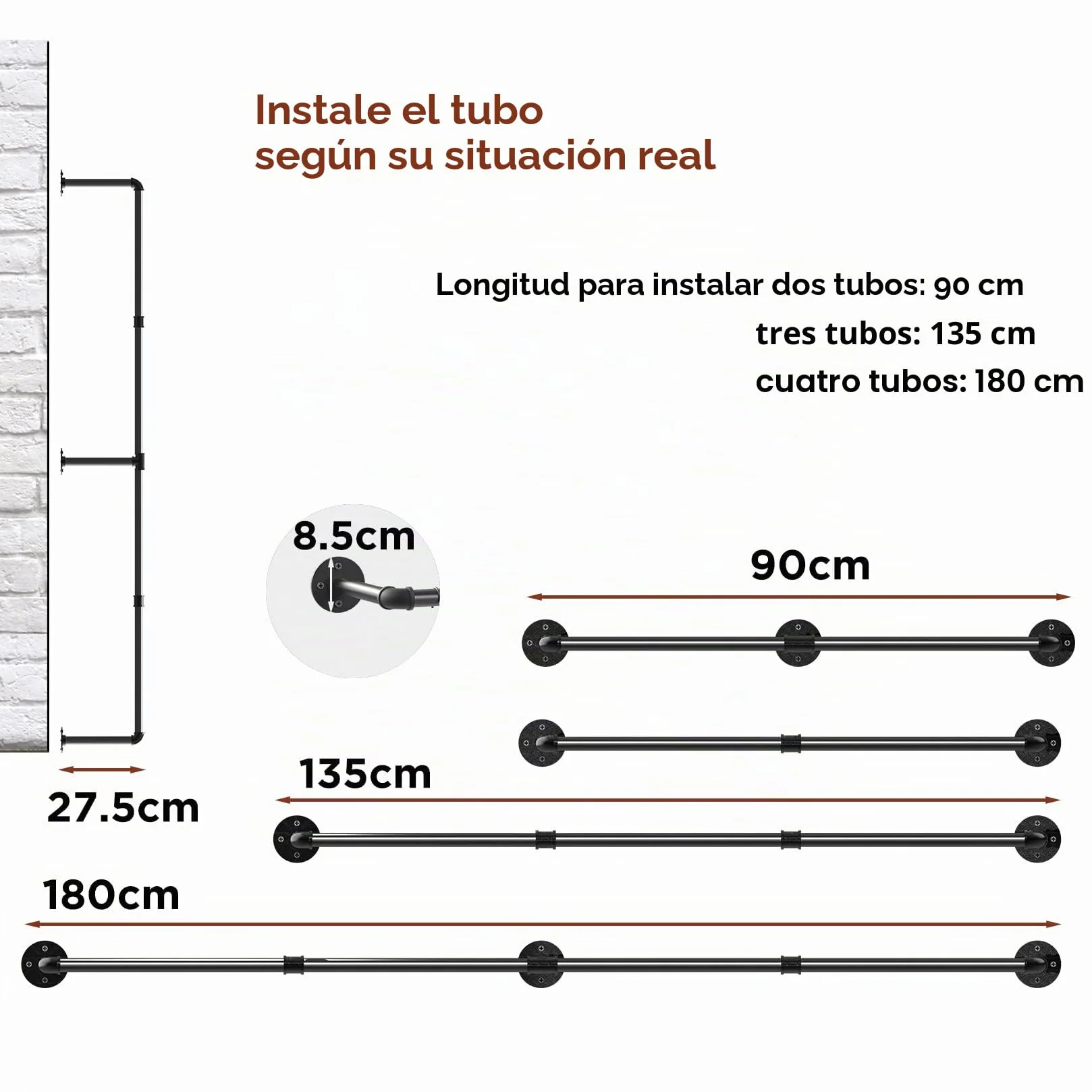 unho Perchero de Pared Industrial, Barra Perchero de Tubo Vintage Desmontable de Longitud Ajustable 90-180cm Carga hasta 30kg (Negro)