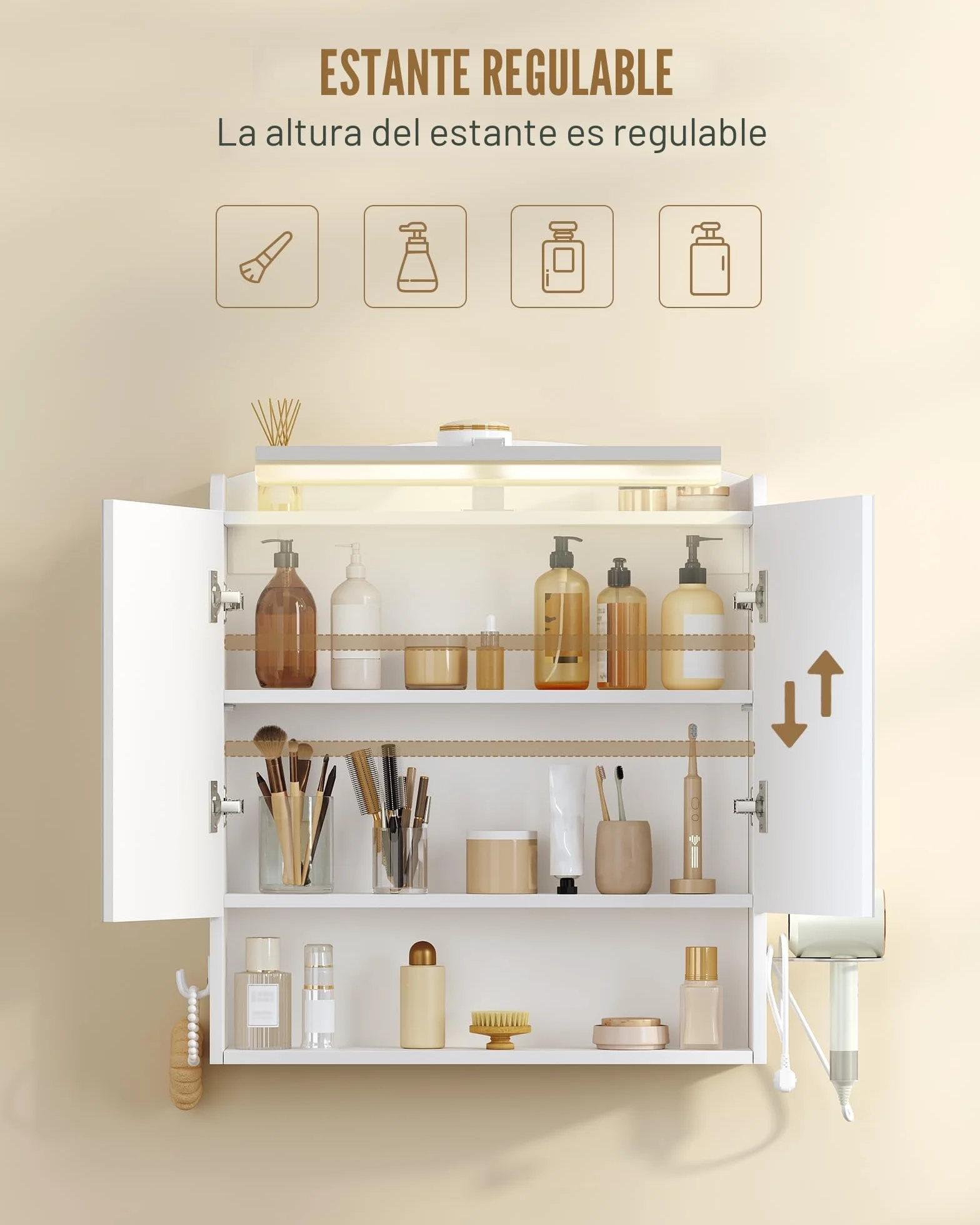 Armario de Baño con Espejo y Luz LED 16,5 x 60 x 68,5 cm Blanco