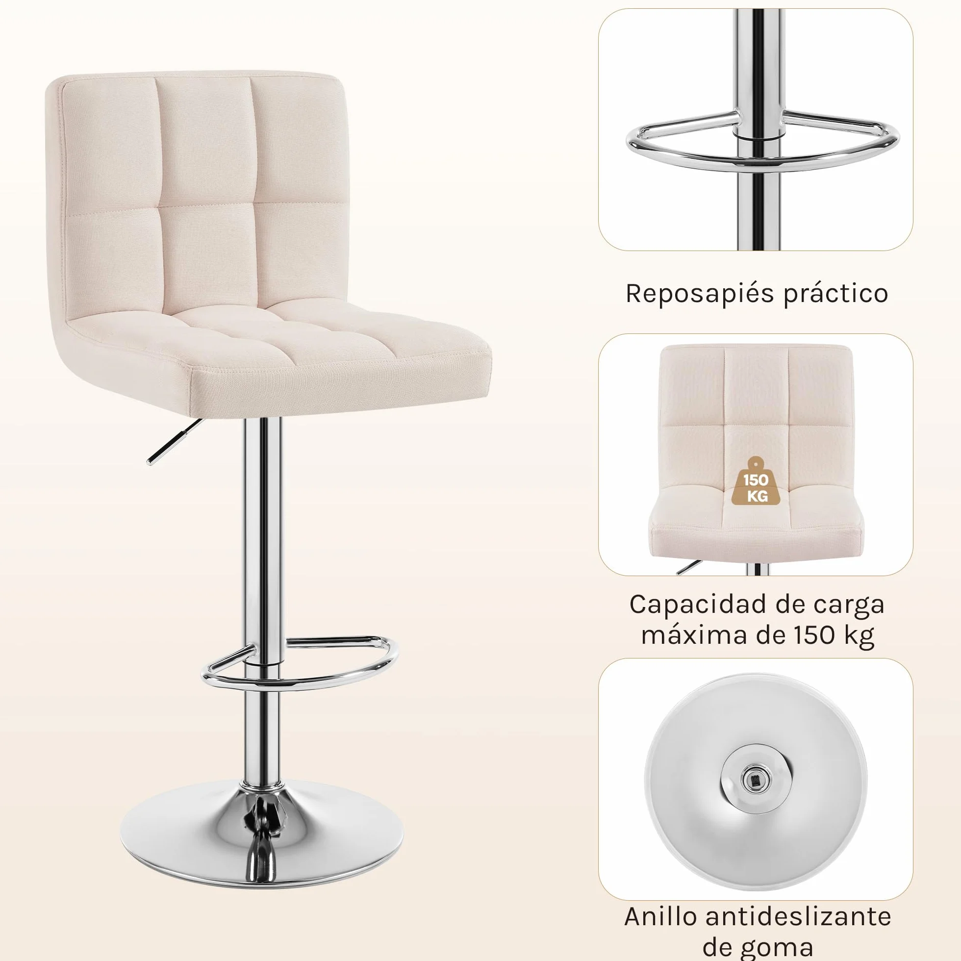 WOLTU 2X Taburete de Bar Silla de Bar Lino Muebles Cocina Taburete Alto Regulable en Altura con Respaldo Sillas Alta Taburetes Tapizado Crema