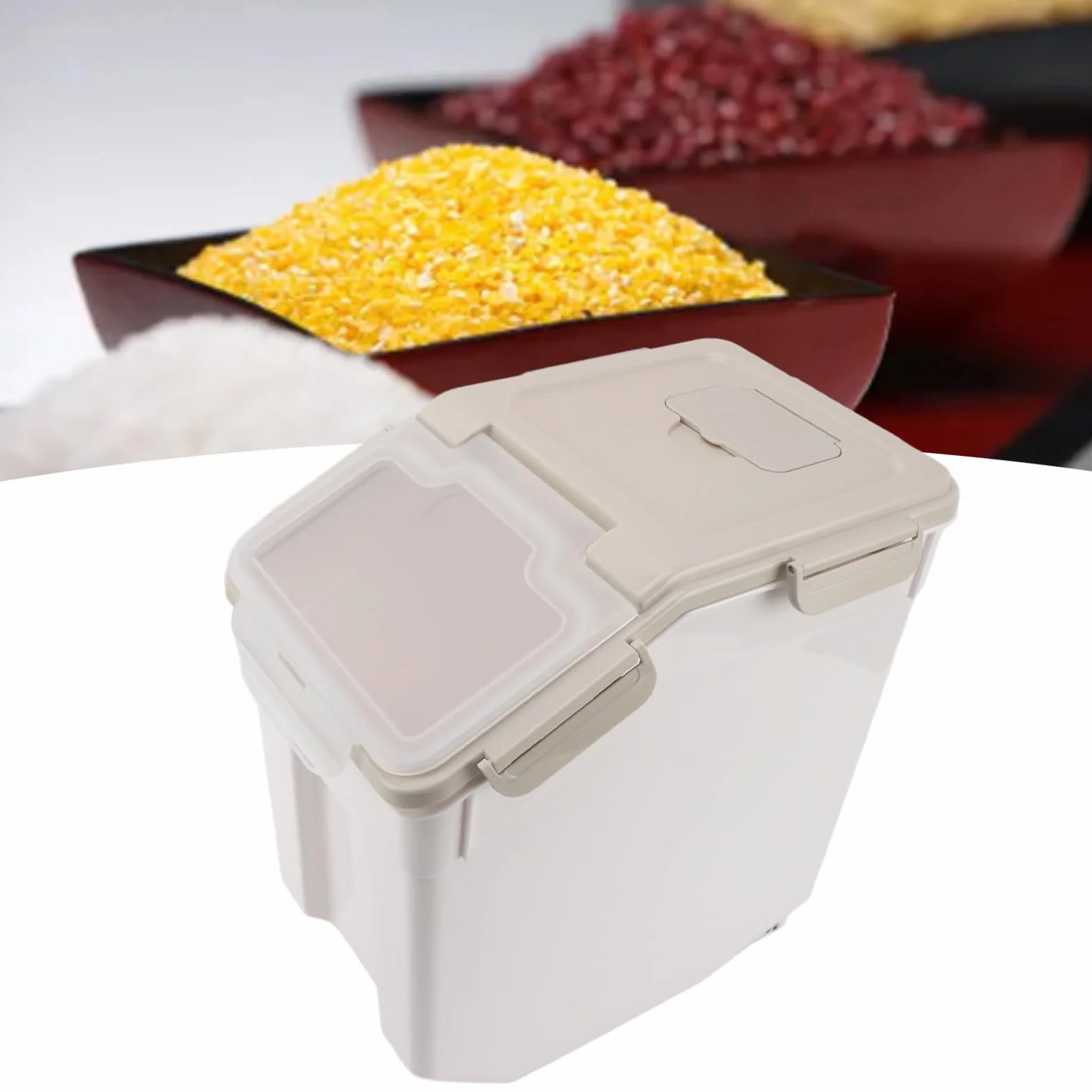 Contenedor de Almacenamiento de Arroz de PP Engrosado, Diseño Hermético Duradero, Tapa de Taza Medidora, Almacenamiento Multifuncional para Cocina, Color Beige (25 kg/55,1 libras)