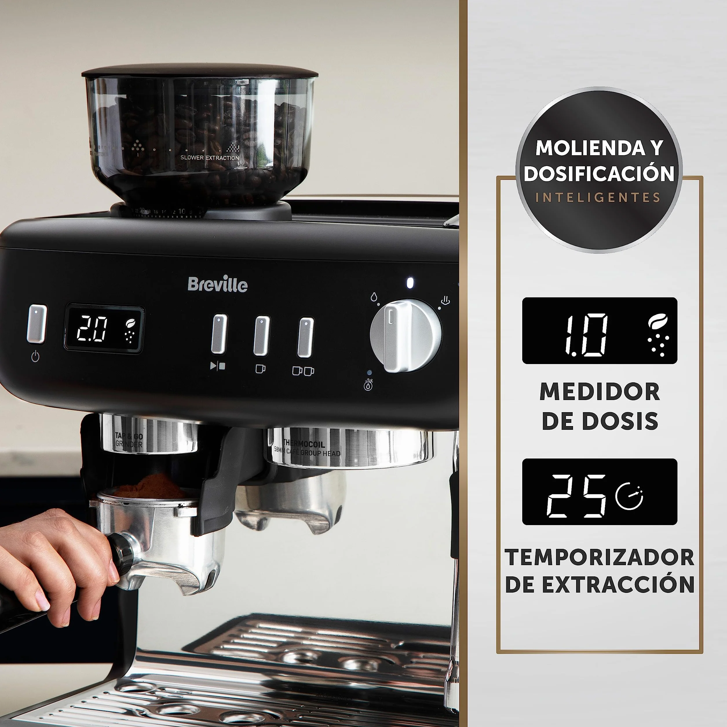 Breville Barista Max+ cafetera espresso | Molido y dosificación inteligentes | Temporizador de extracción de precisión | Espumador de leche integrado | Bomba italiana de 15 bares | Negro [VCF152X]