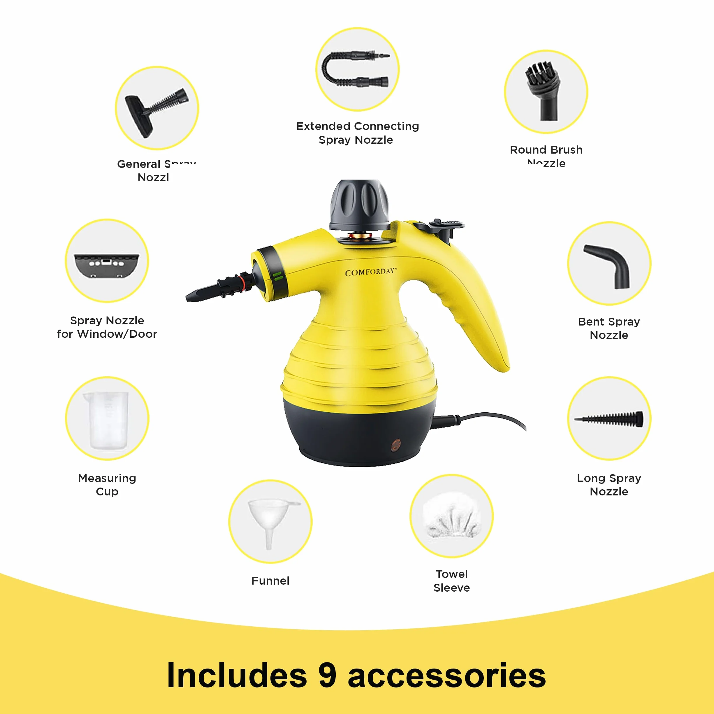 COMFORDAY Limpiador de Vapor de Mano Portátil 9 Accesorios