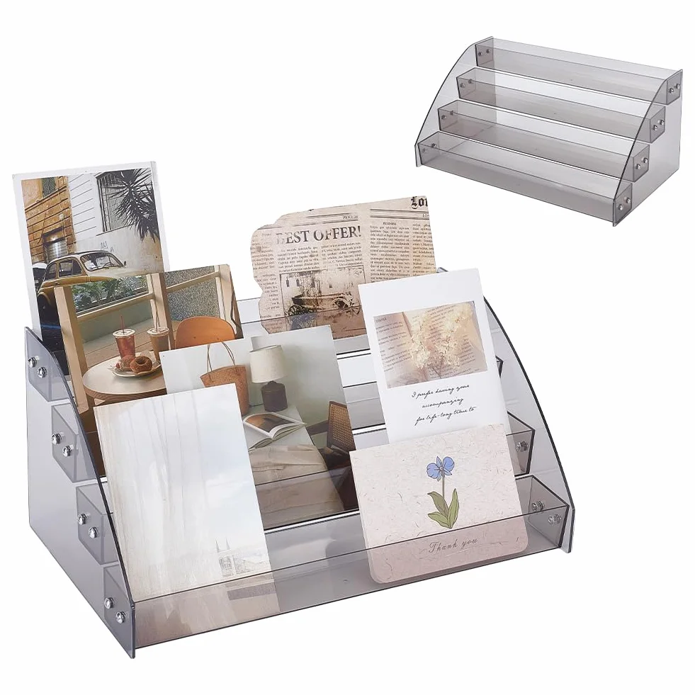 UNICRAFTALE Expositor de 4 niveles para tarjetas de felicitación de acrílico, portátil, soporte para tarjetas de Navidad, organizador de pegatinas, sellos, tarjetas postales, soporte para tarjetas de
