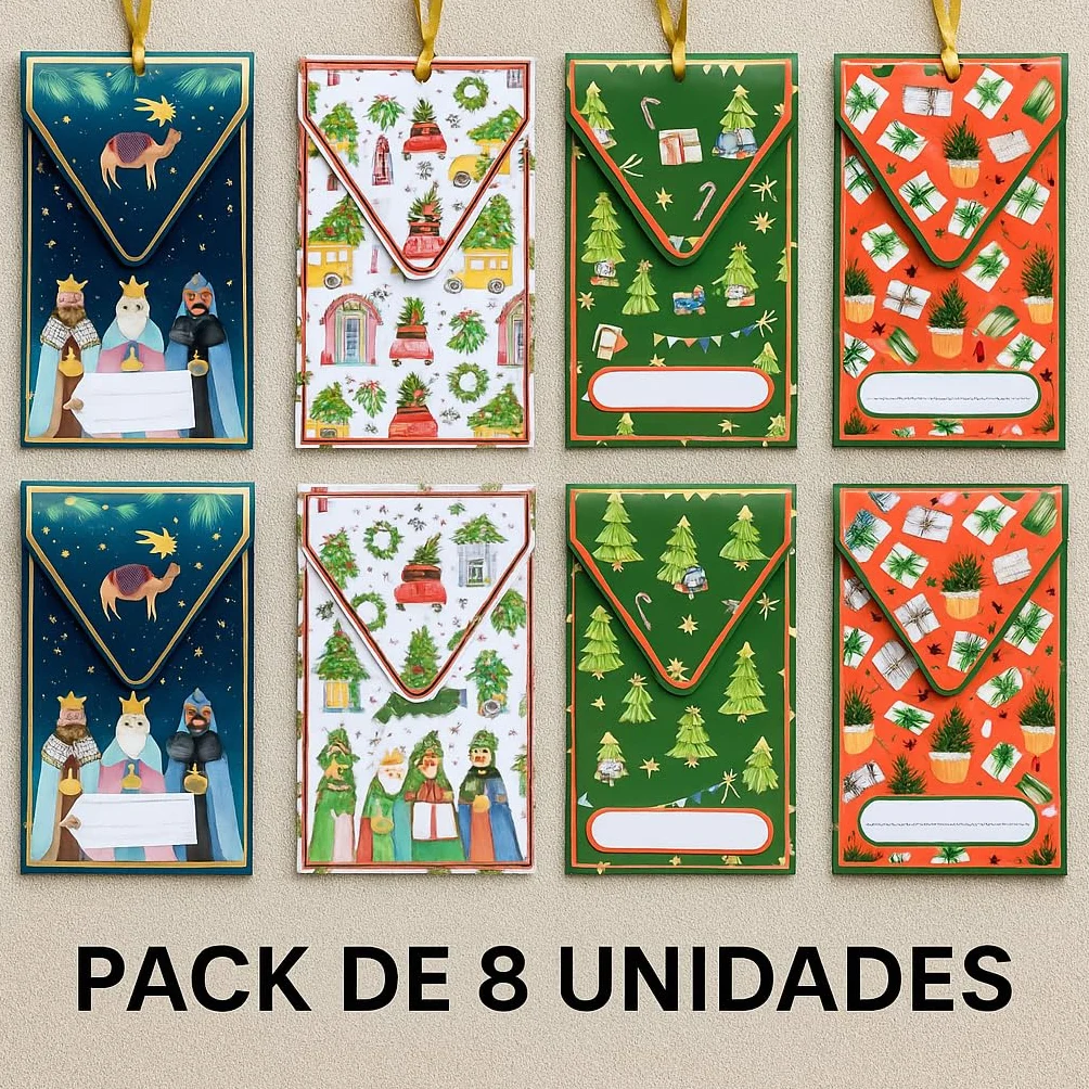 Billeteros navideños para regalar dinero efectivo, Pack de 8 sobres con cinta dorada, 4 diseños doble unidad