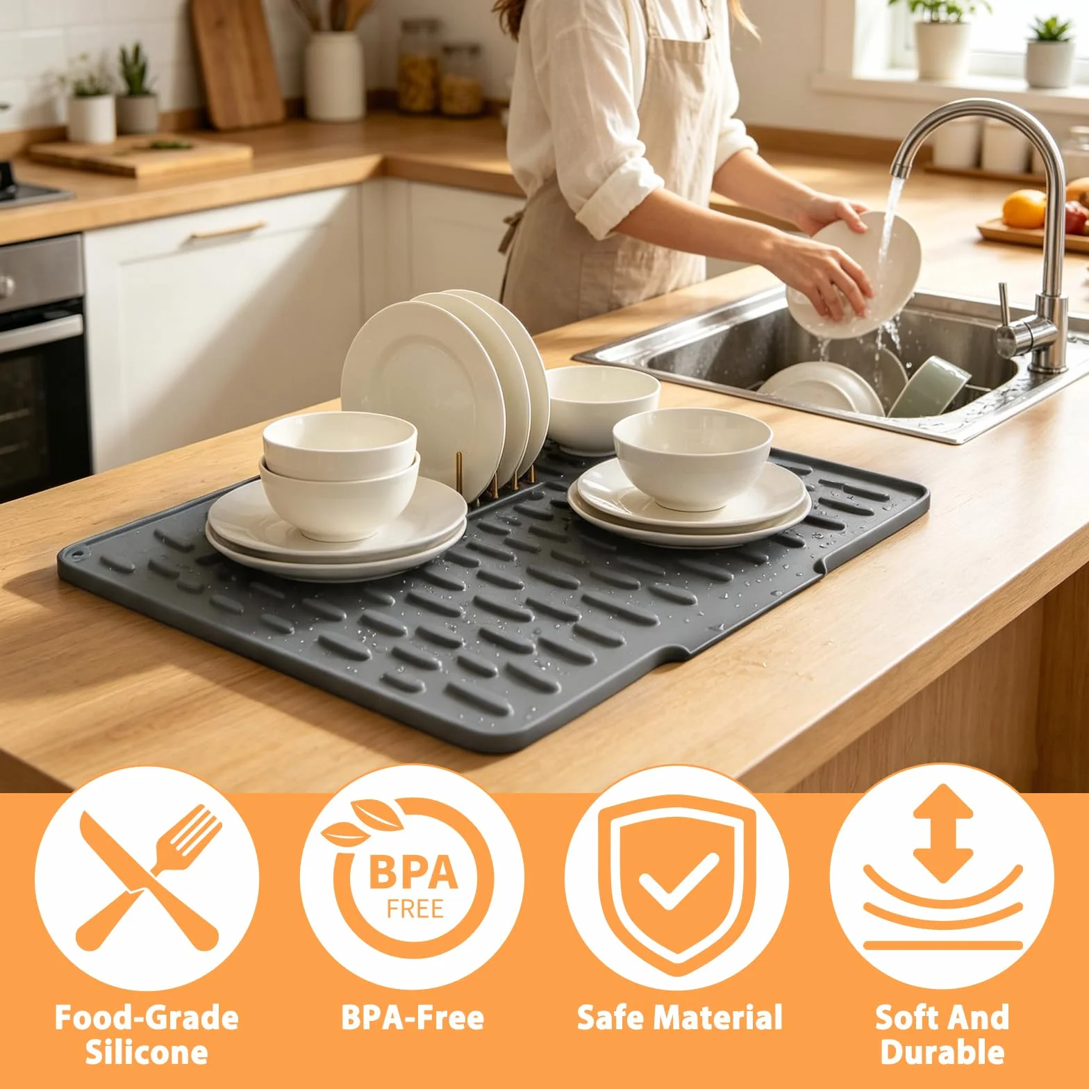 Alfombrilla Escurreplatos de Silicona, Escurridor Plegable con Salida de Drenaje, Antideslizante y Resistente al Calor, para Fregadero, Encimera, Cocina y Baño (Gris)