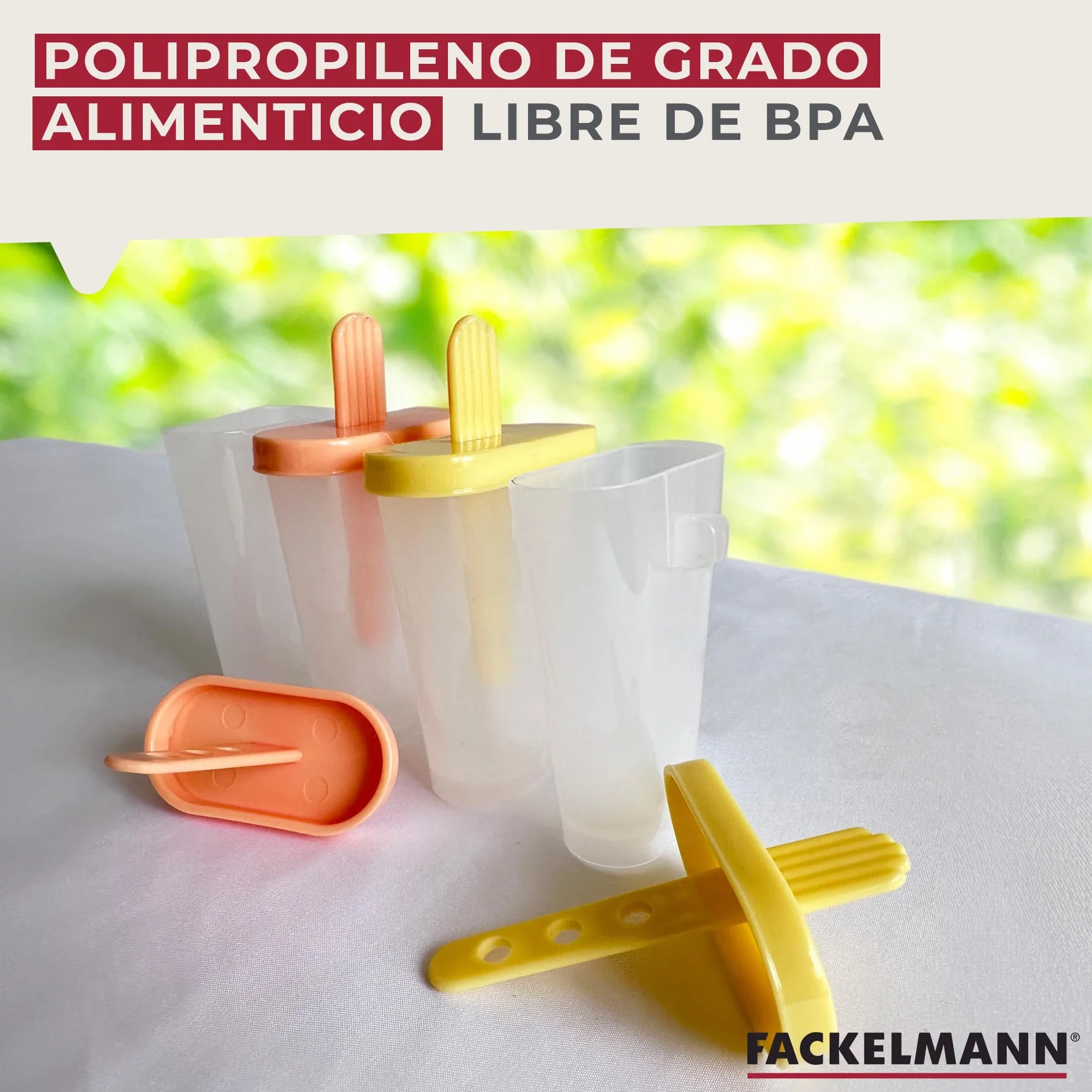 Fackelmann Poleros Moldes para Helados, Polipropileno de Grado Alimenticio, 4 uds, 15x6x11 cm, Amarillo y Naranja Pastel