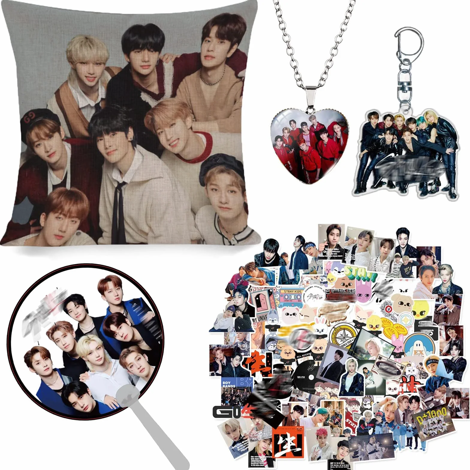 Stray Kids Kit de Regalo para Niños: Funda de Almohada, Collar, Pegatinas, Llavero, Abanico de Mano
