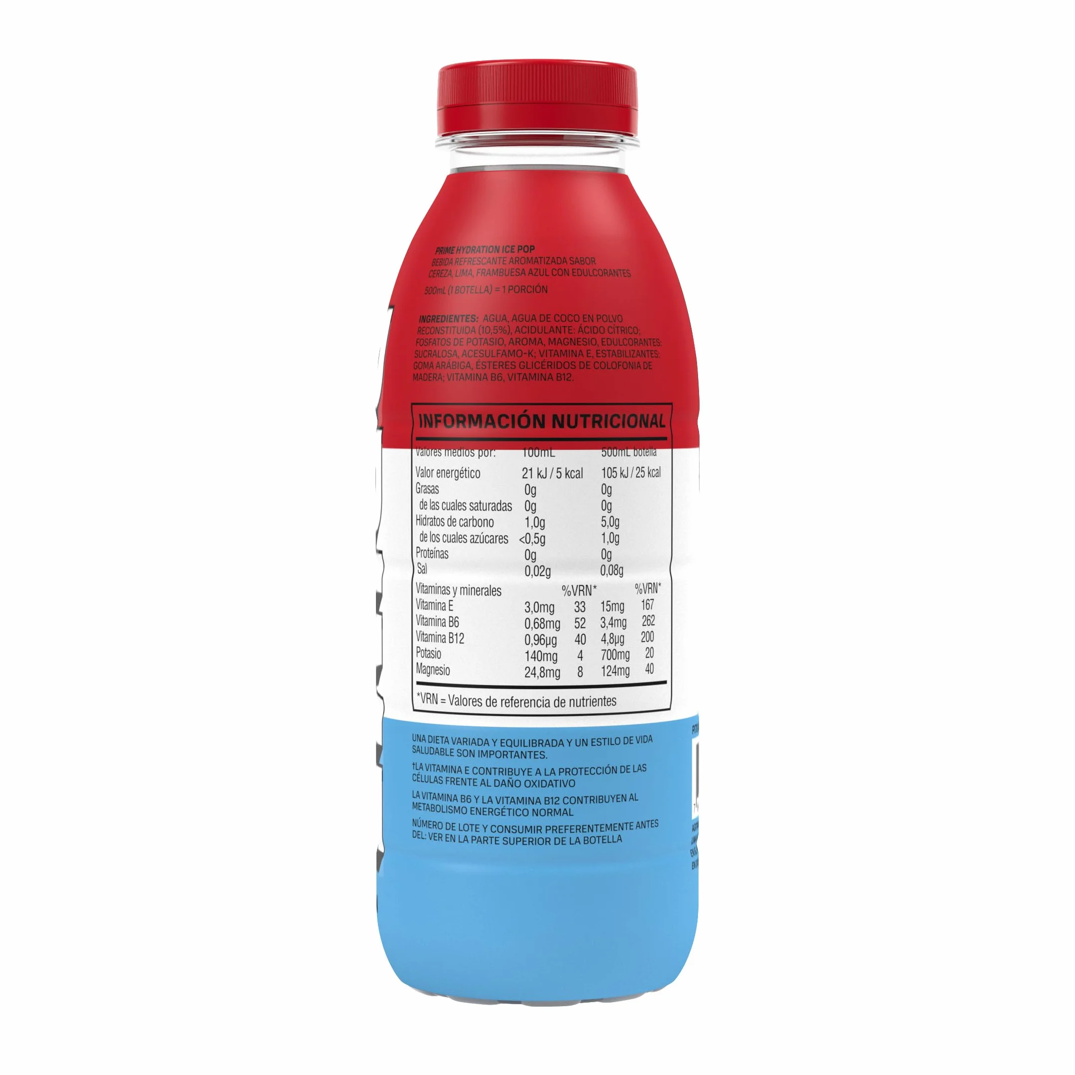 PRIME Hydration Ice Pop bebida deportiva electrolitos BCAA 250 mg vitamina B antioxidantes bajo azúcar 500 ml