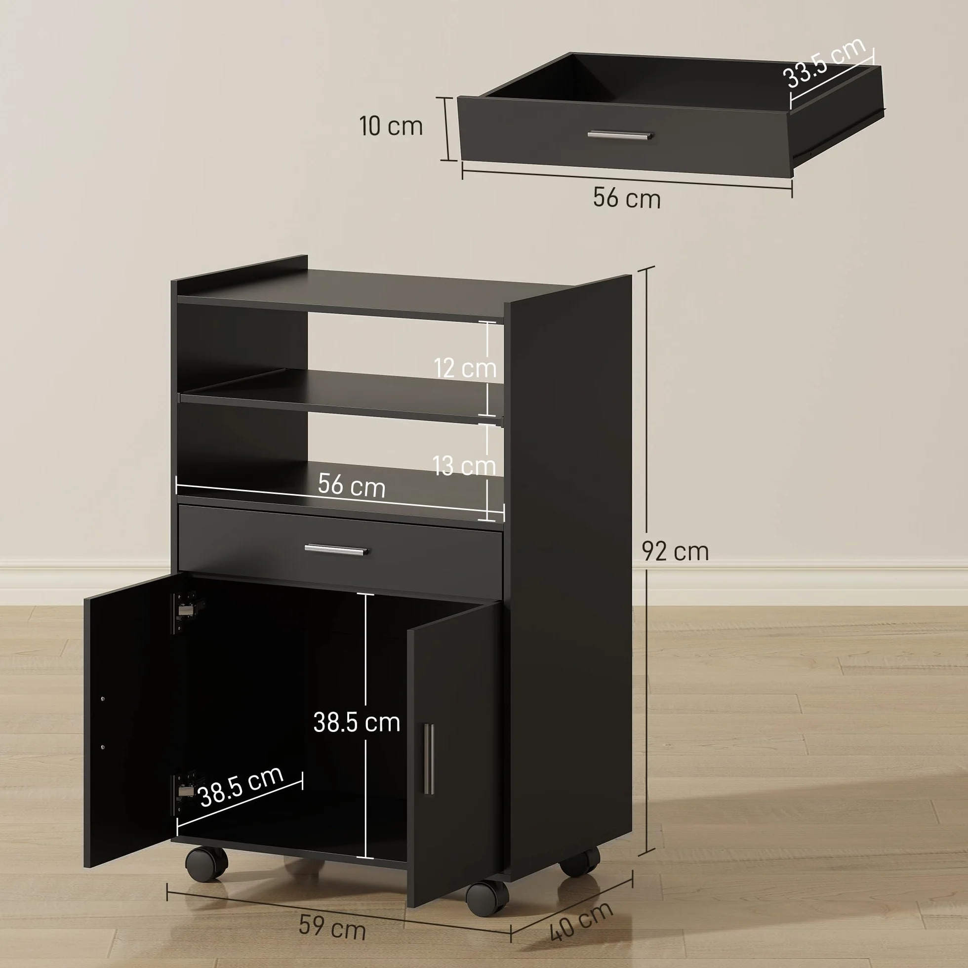 HOMCOM Armario Microondas con Ruedas, Aparador de Cocina con Cajón, Encimera para Electrodomésticos, Armario con 2 Puertas, Estante Extraíble y Abierto, Carro de Cocina para Salón, 59x40x92cm, Negro