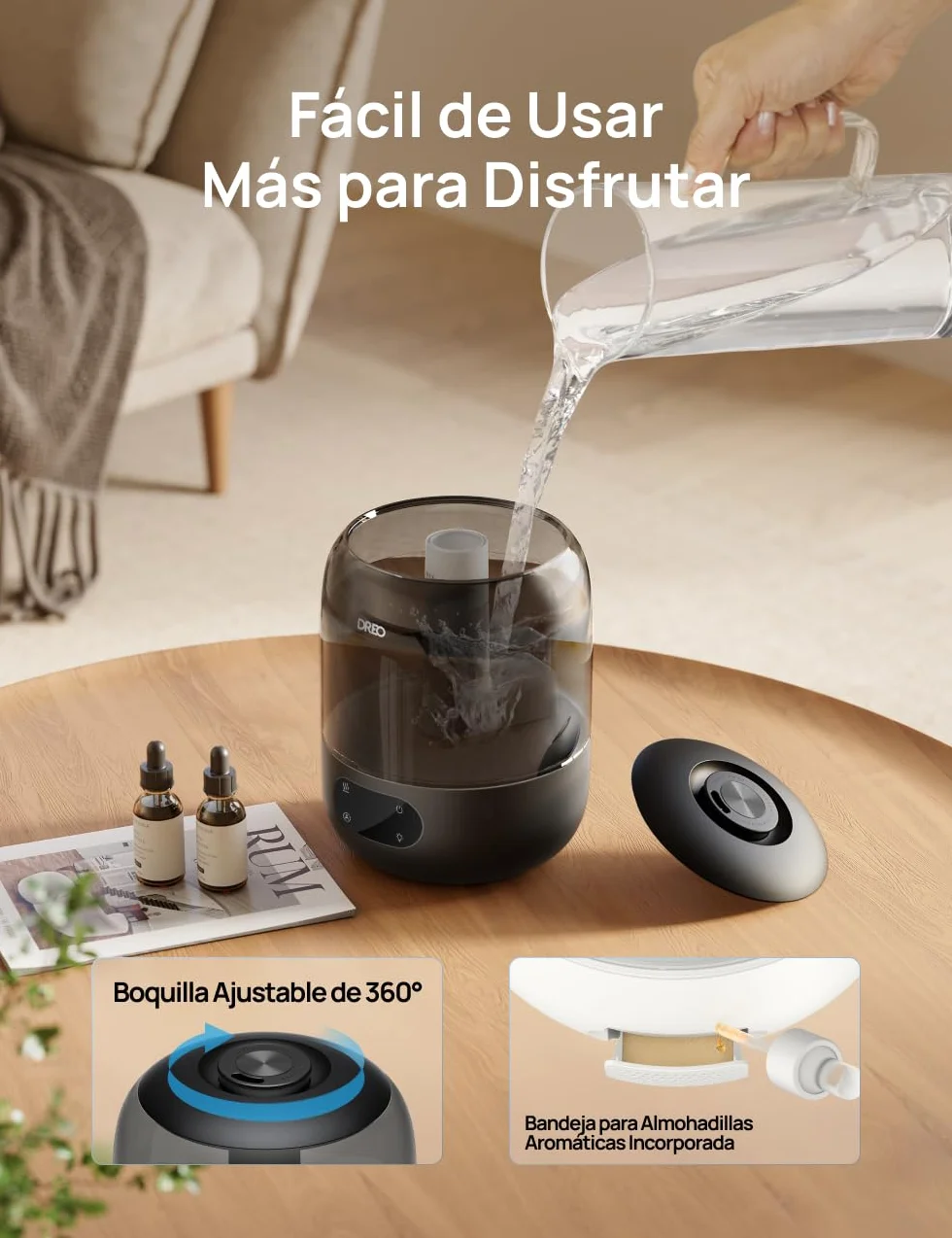 DREO Humidificador Ultrasónico 3L 26dB Silencioso con Sensor de Humedad, Niebla Fría, 30h, Boquilla 360°, Negro