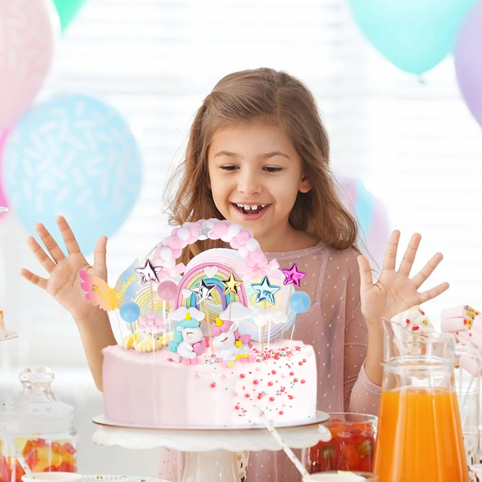 Decoración para tartas de unicornio, 20 piezas, unicornios, arco iris, globos, para cumpleaños