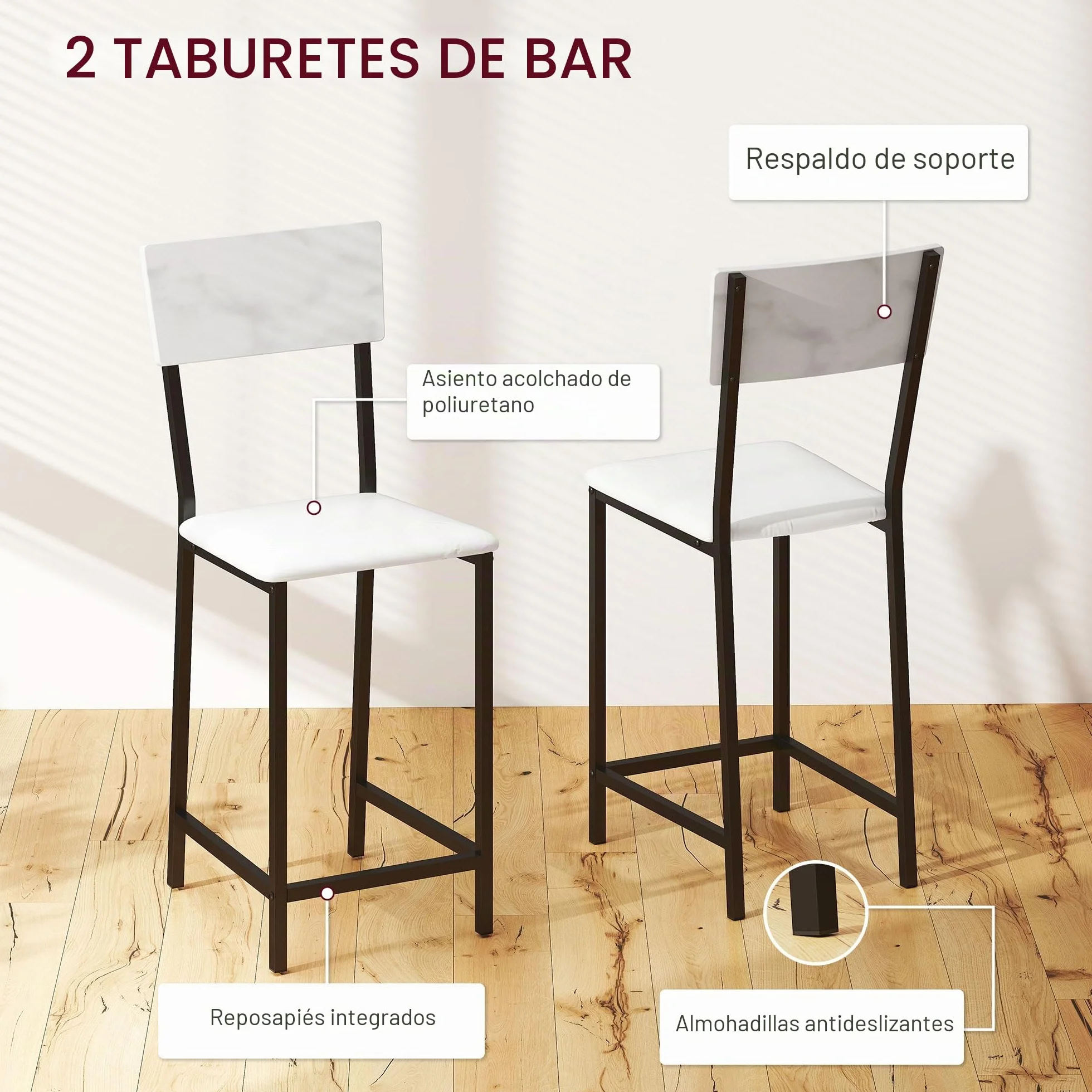 HOMCOM - Conjunto de Mesa de Bar con taburetes, Mesa de Comedor de pie con 2 sillas de Bar, Tapa Plegable, taquillas para Vino, portavasos, estantes Abiertos y reposapiés, Efecto mármol Blanco