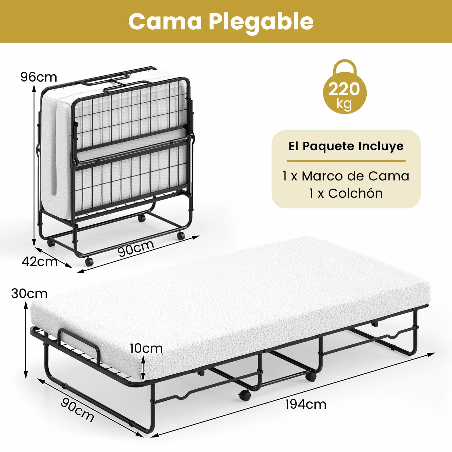 COSTWAY Cama Plegable 90 x 190 con Colchón, Cama Supletoria Plegable con Espuma de Memoria y Estructura Metálica, Individual de Invitado, Carga 220kg