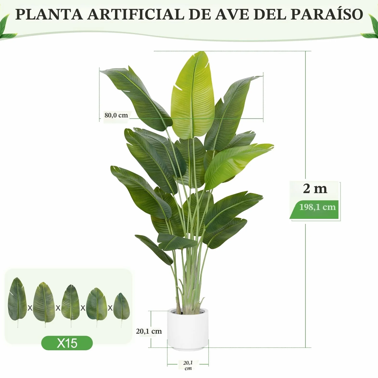 Planta Artificial Ave del Paraíso 200cm Plantas Artificiales Decorativas con 15 Hojas de Plátano,Planta Artificial Grande Interior con Maceta Blanca para Decoracion Hogar Salon Casa Room Decor