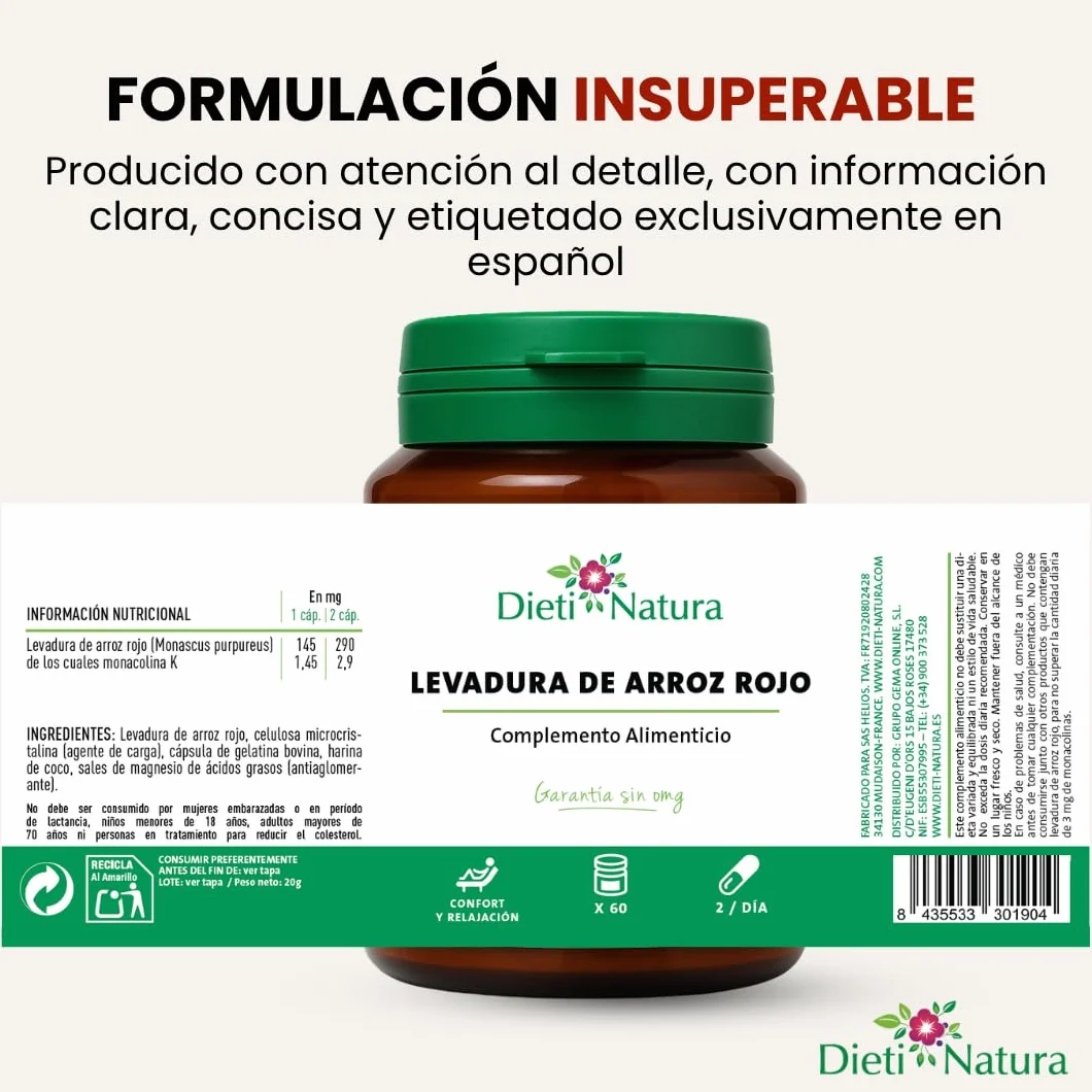 Dieti Natura Levadura de Arroz Rojo 60 Cápsulas 2,9mg Monacolina K para Reducir Colesterol Salud Cardiovascular