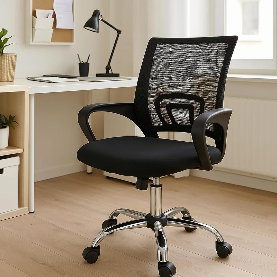 Acomoda Textil Silla de Oficina Ergonómica Respaldo Malla Asiento Tapizado Altura Regulable Base Ruedas 81-90x52x59 cm Negro